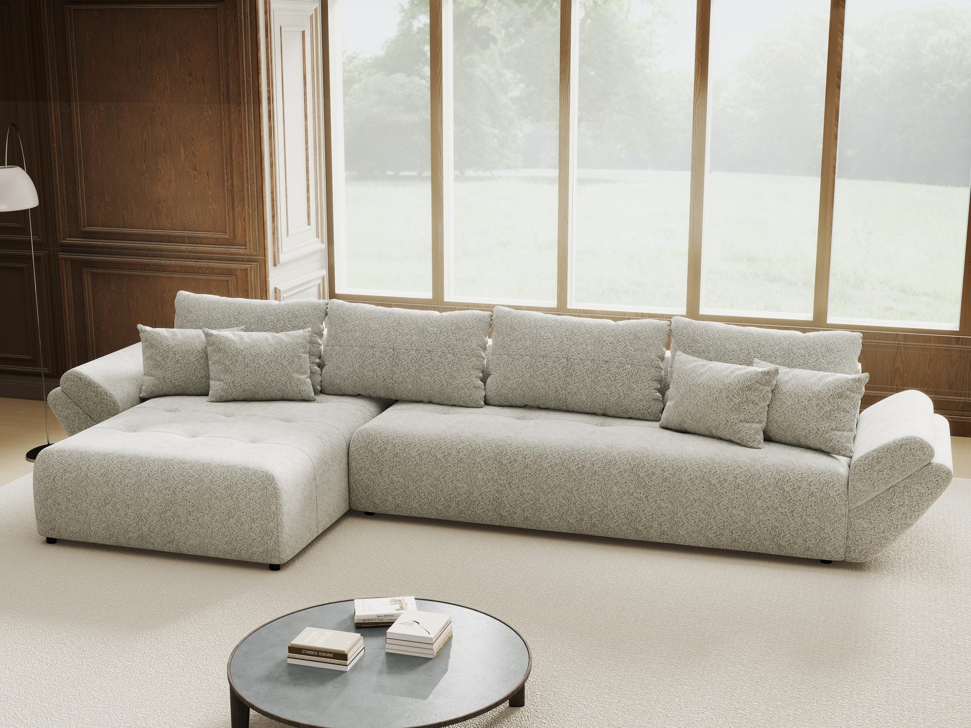 Colțar extensibil dumonde cu ladă de depozitare si sezut confortabil din spuma high-density, Berlin XL Arena Gri 15 350x185 cm