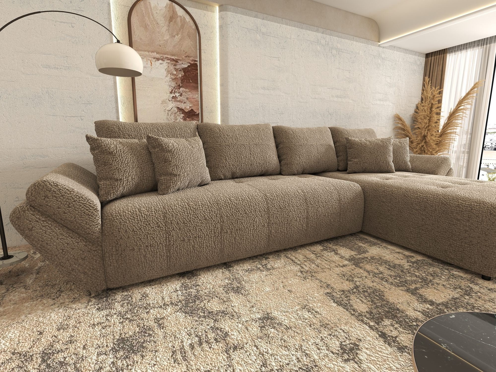 Colțar extensibil dumonde cu ladă de depozitare si sezut confortabil din spuma high-density, Berlin XL Jaguar Maro Cappuccino 8 II 350x185 cm