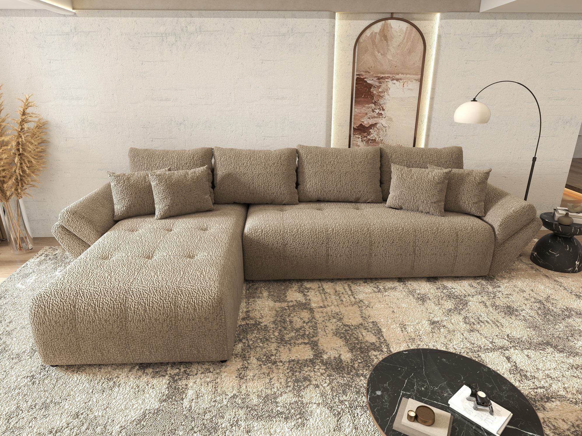 Colțar extensibil dumonde cu ladă de depozitare si sezut confortabil din spuma high-density, Berlin XL Jaguar Maro Cappuccino 8 350x185 cm