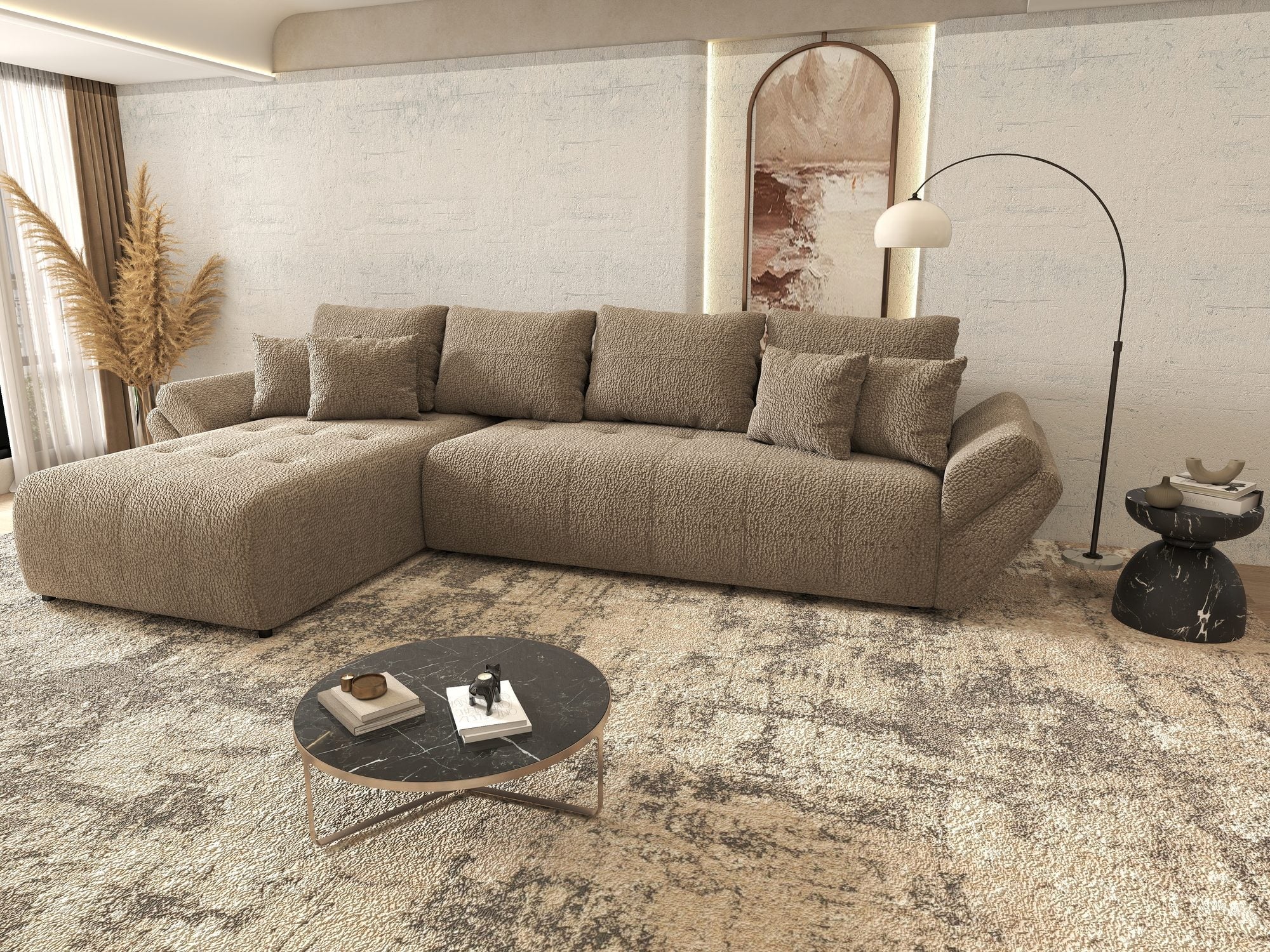 Colțar extensibil dumonde cu ladă de depozitare si sezut confortabil din spuma high-density, Berlin XL Jaguar Maro Cappuccino 8 350x185 cm