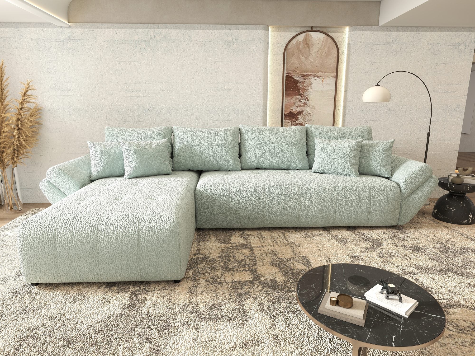 Colțar extensibil dumonde cu ladă de depozitare si sezut confortabil din spuma high-density, Berlin XL Jaguar Verde Mint 16 350x185 cm