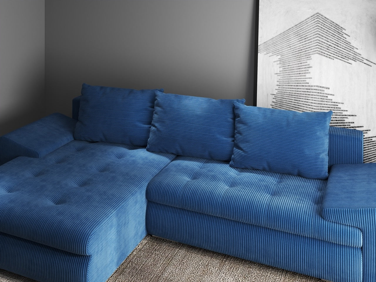 Colțar extensibil dumonde cu ladă de depozitare si sezut confortabil din spuma HR, Leonardo Zoom Albastru 260x185 cm Fabrica