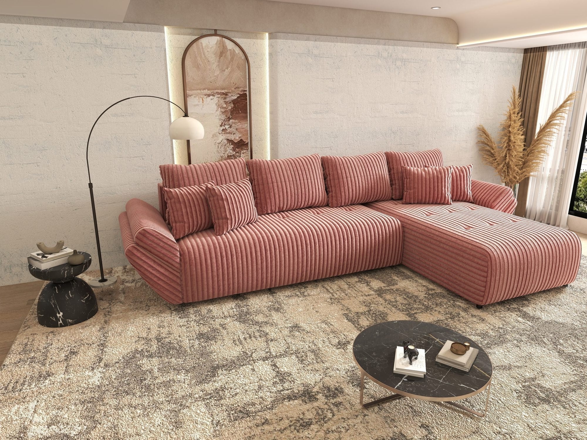 Colțar extensibil dumonde cu ladă de depozitare si sezut confortabil din spuma high-density, Berlin XL Tilia Roz Pudrat 62 II 350x185 cm