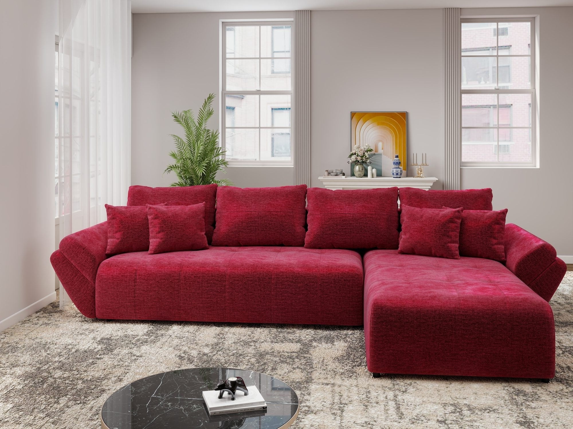 Colțar extensibil dumonde cu ladă de depozitare si sezut confortabil din spuma high-density, Berlin XL Monolith Rosu 59 II 350x185 cm