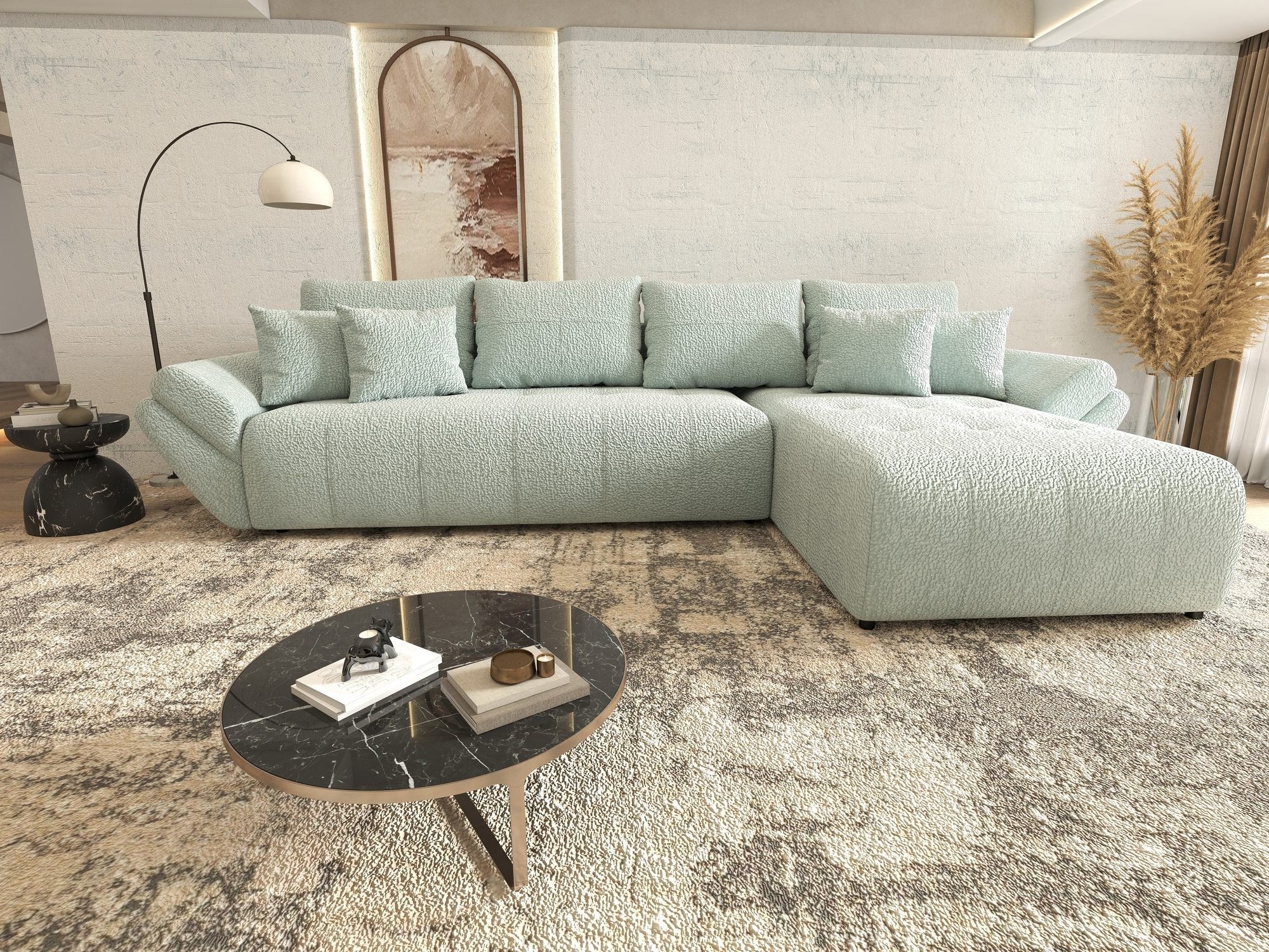 Colțar extensibil dumonde cu ladă de depozitare si sezut confortabil din spuma high-density, Berlin XL Jaguar Verde Mint 16 II 350x185 cm