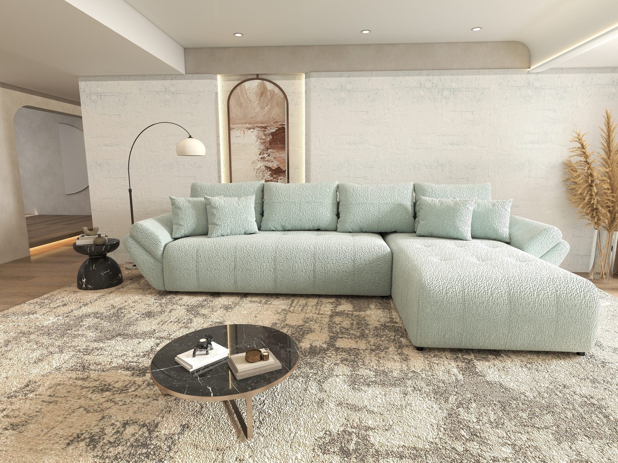 Colțar extensibil dumonde cu ladă de depozitare si sezut confortabil din spuma high-density, Berlin XL Jaguar Verde Mint 16 II 350x185 cm