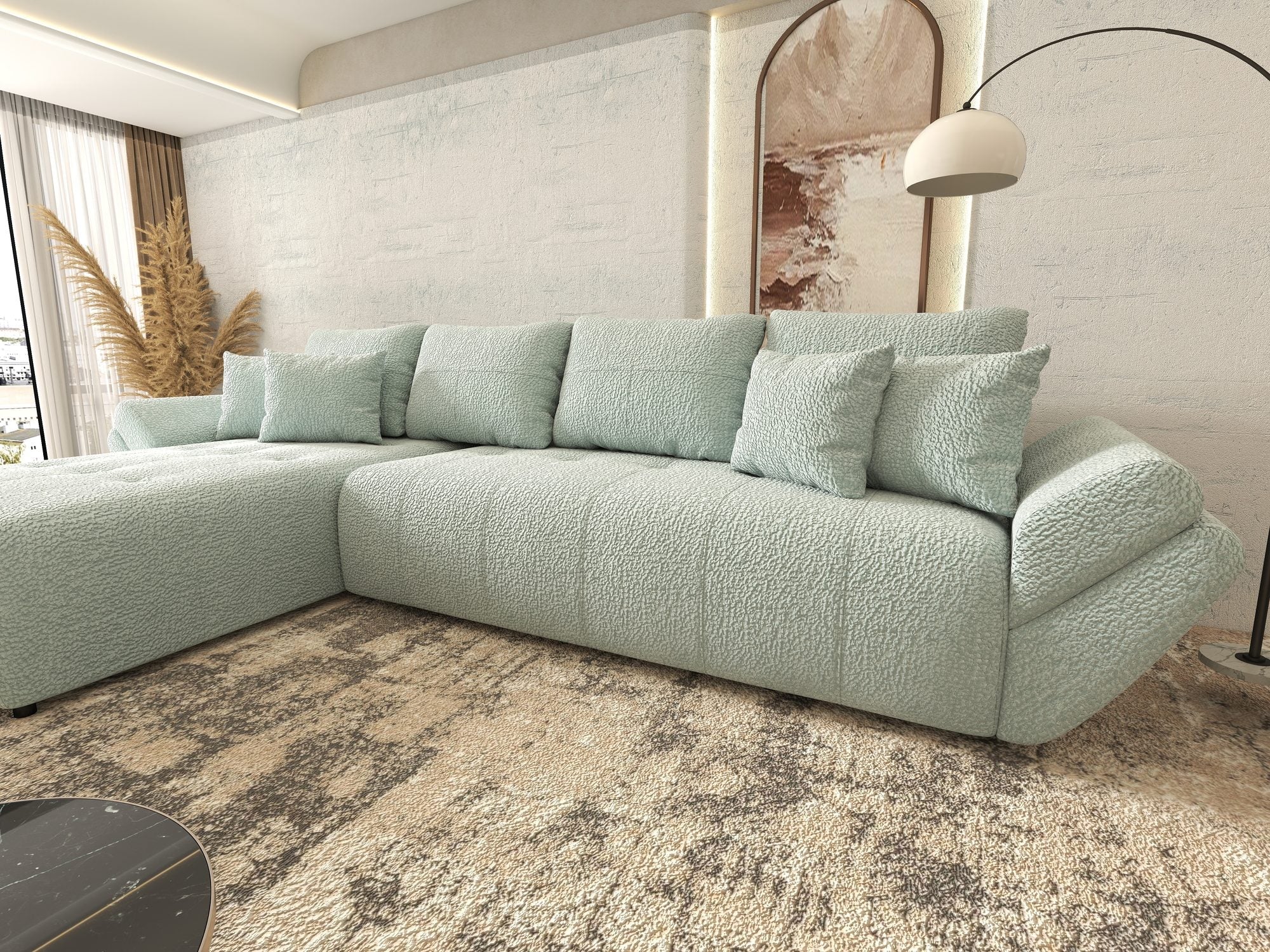 Colțar extensibil dumonde cu ladă de depozitare si sezut confortabil din spuma high-density, Berlin XL Jaguar Verde Mint 16 350x185 cm