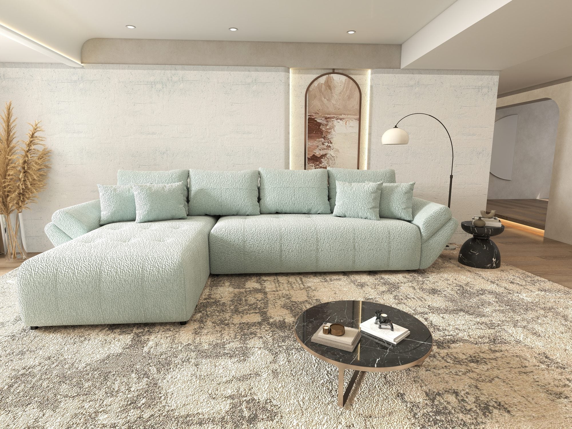 Colțar extensibil dumonde cu ladă de depozitare si sezut confortabil din spuma high-density, Berlin XL Jaguar Verde Mint 16 350x185 cm