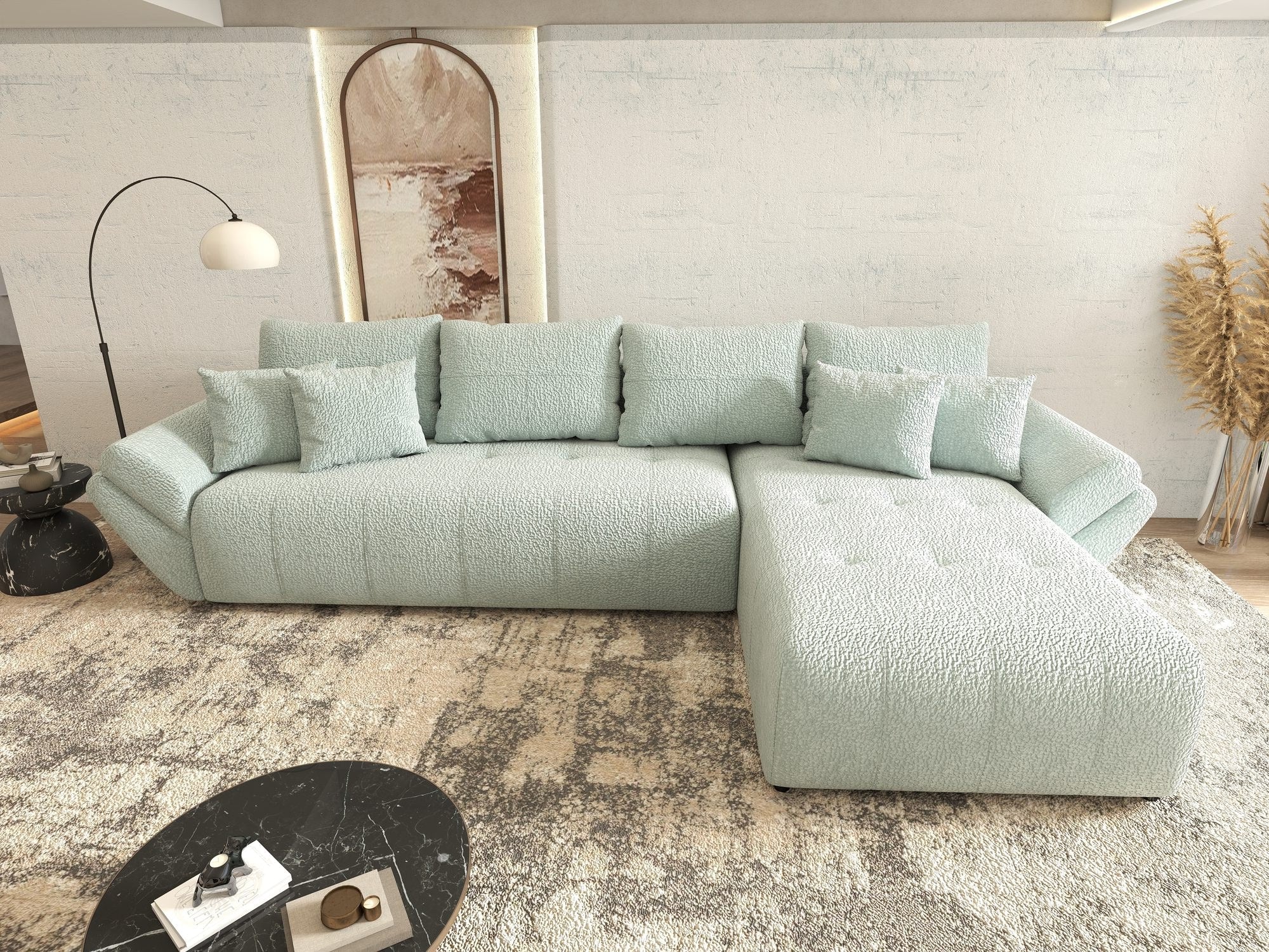 Colțar extensibil dumonde cu ladă de depozitare si sezut confortabil din spuma high-density, Berlin XL Jaguar Verde Mint 16 II 350x185 cm
