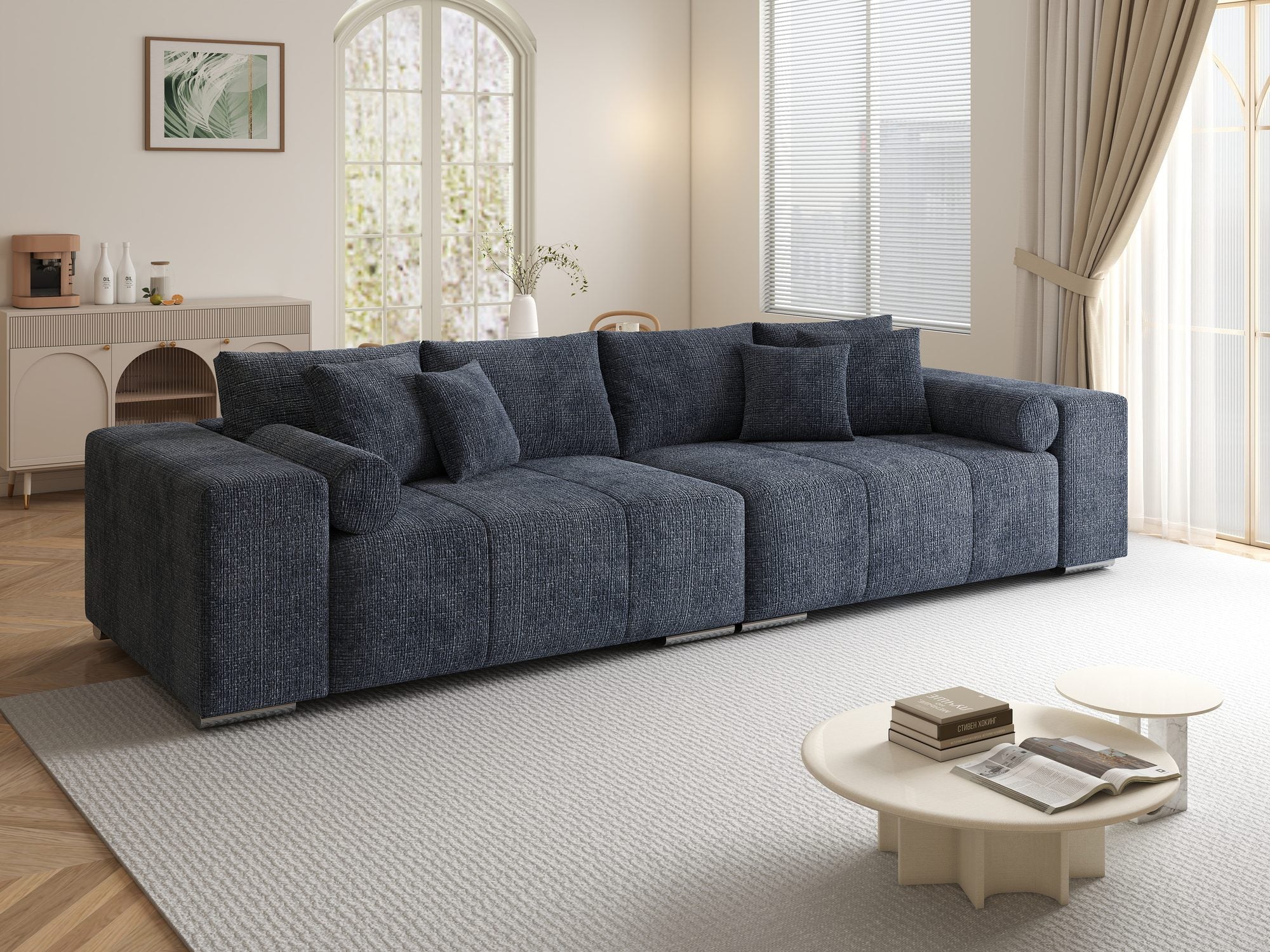 Canapea extensibilă dumonde cu ladă de depozitare si sezut confortabil din spuma high-density, Marbela XXL Cremona Albastru 79 290x100 cm