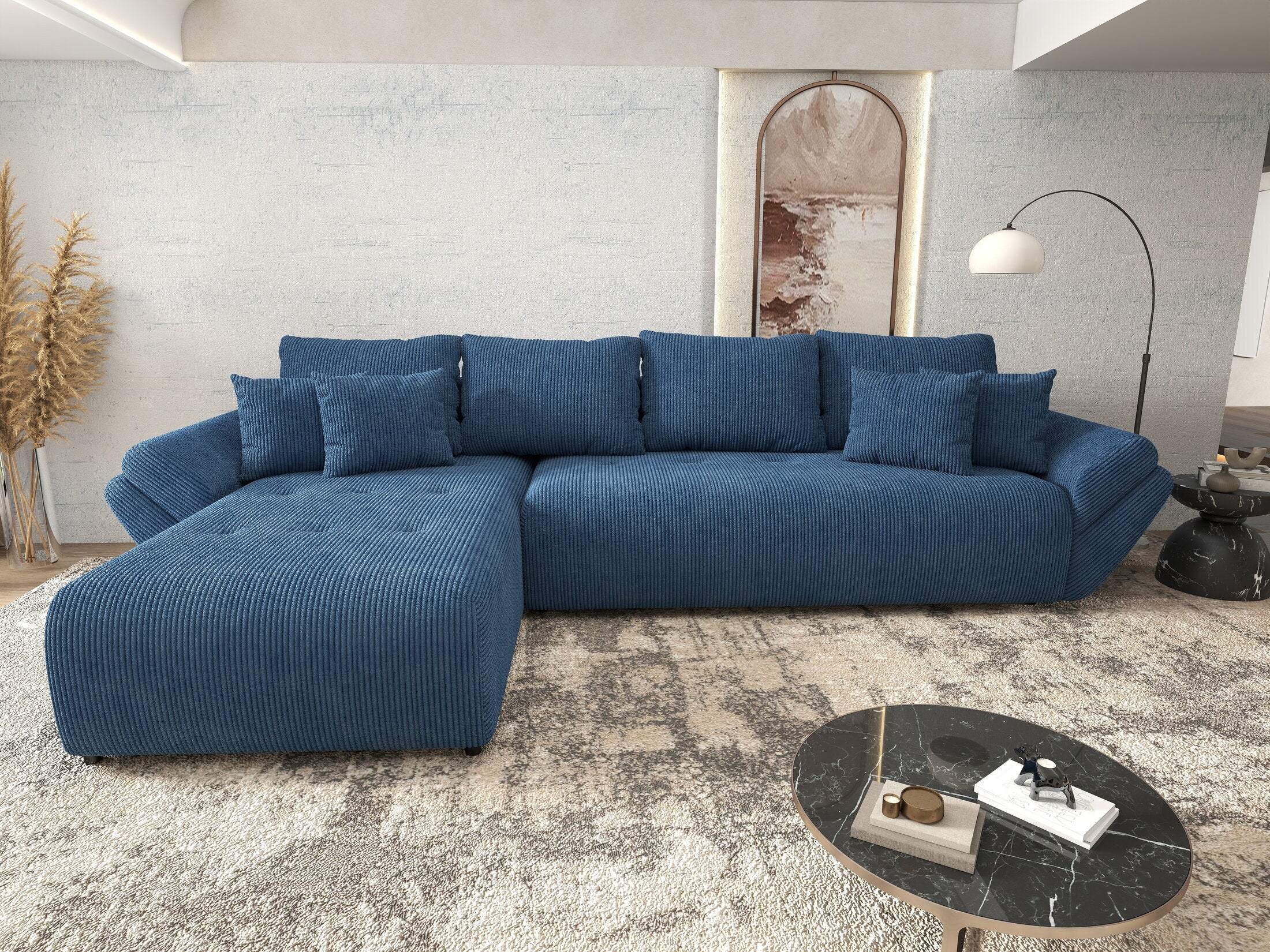 Colțar extensibil dumonde cu ladă de depozitare si sezut confortabil din spuma high-density, Berlin XL Zoom Blue 350x185 cm