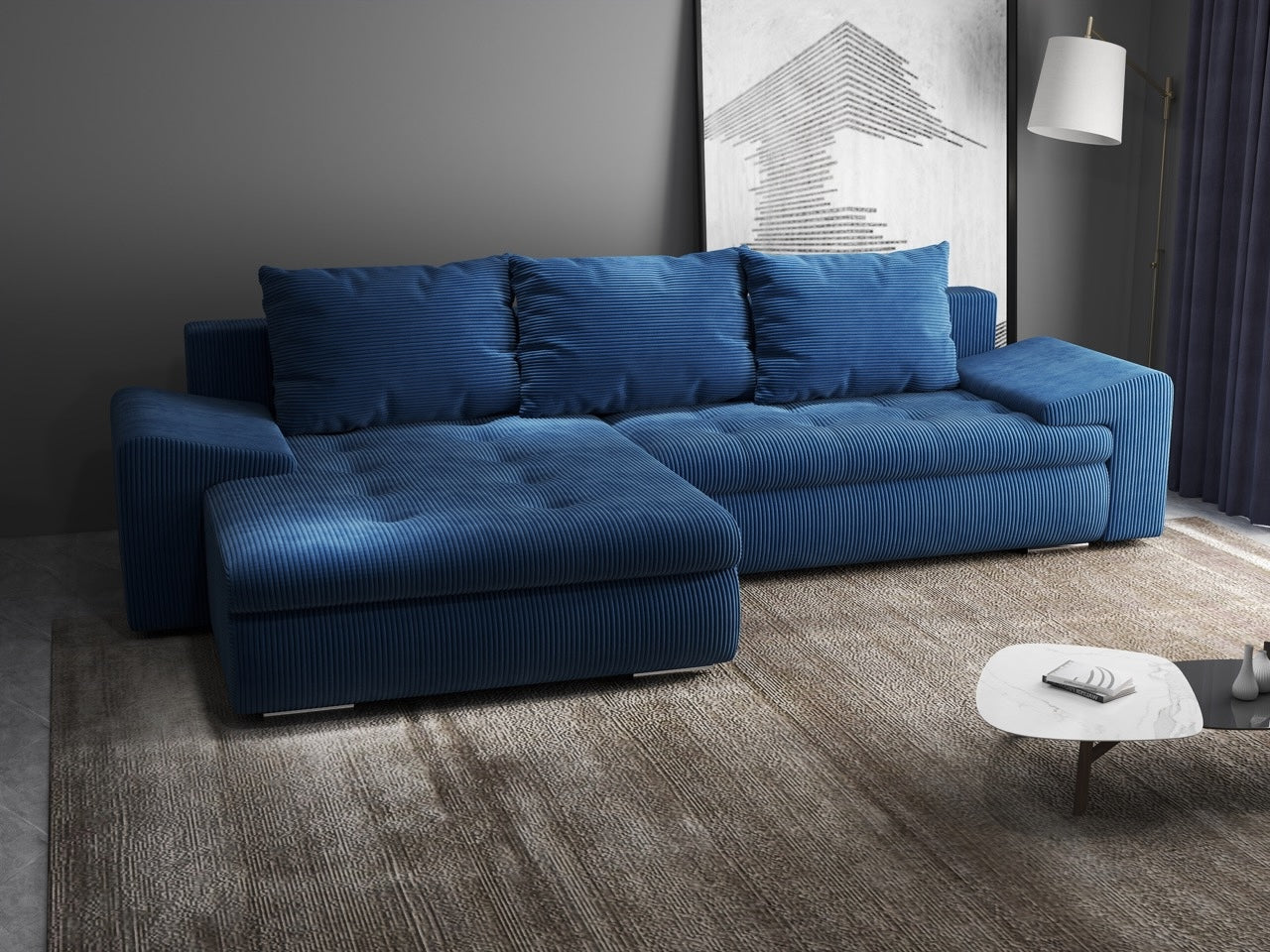 Colțar extensibil dumonde cu ladă de depozitare si sezut confortabil din spuma HR, Leonardo Zoom Albastru 260x185 cm Fabrica