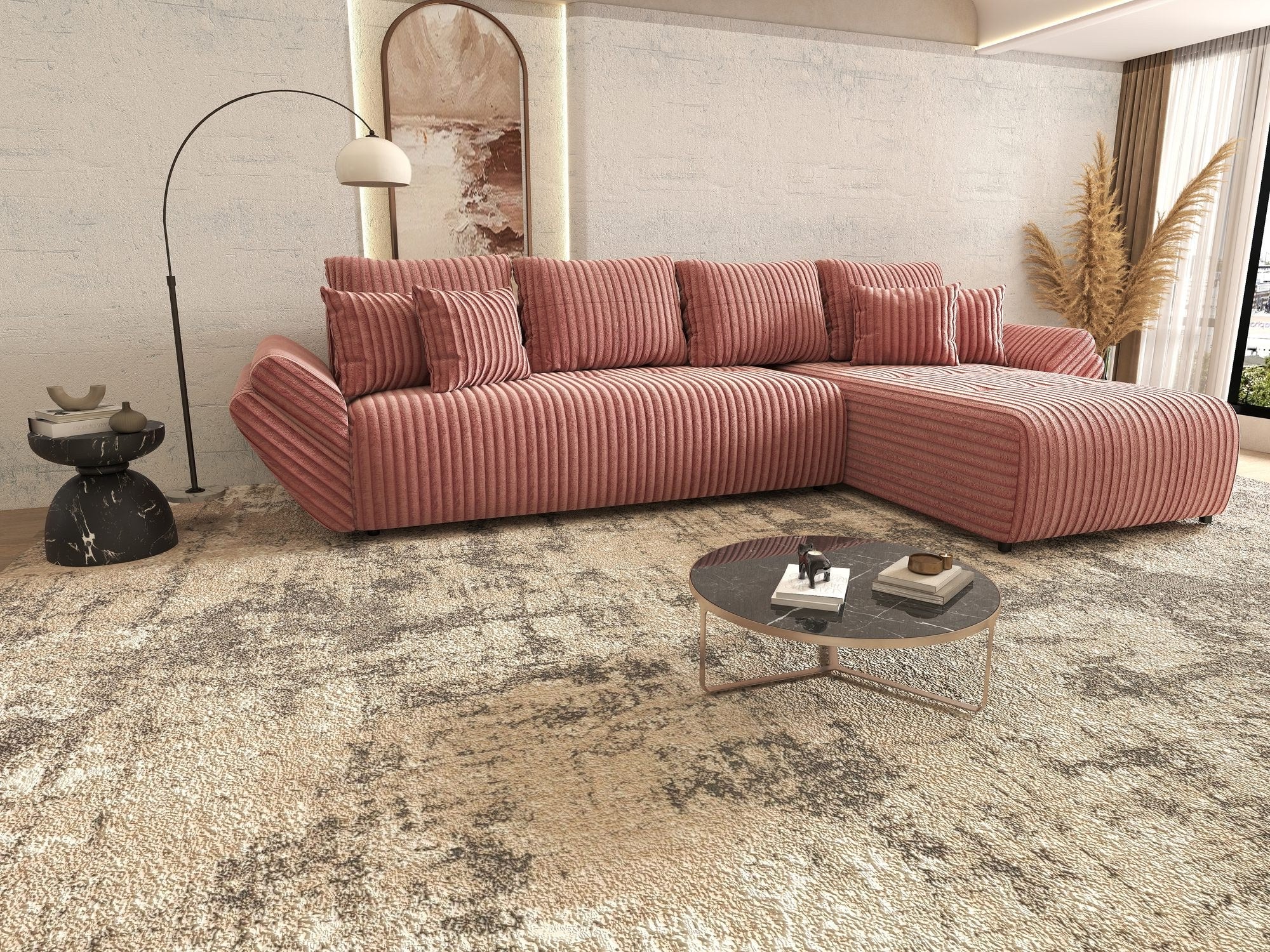 Colțar extensibil dumonde cu ladă de depozitare si sezut confortabil din spuma high-density, Berlin XL Tilia Roz Pudrat 62 II 350x185 cm
