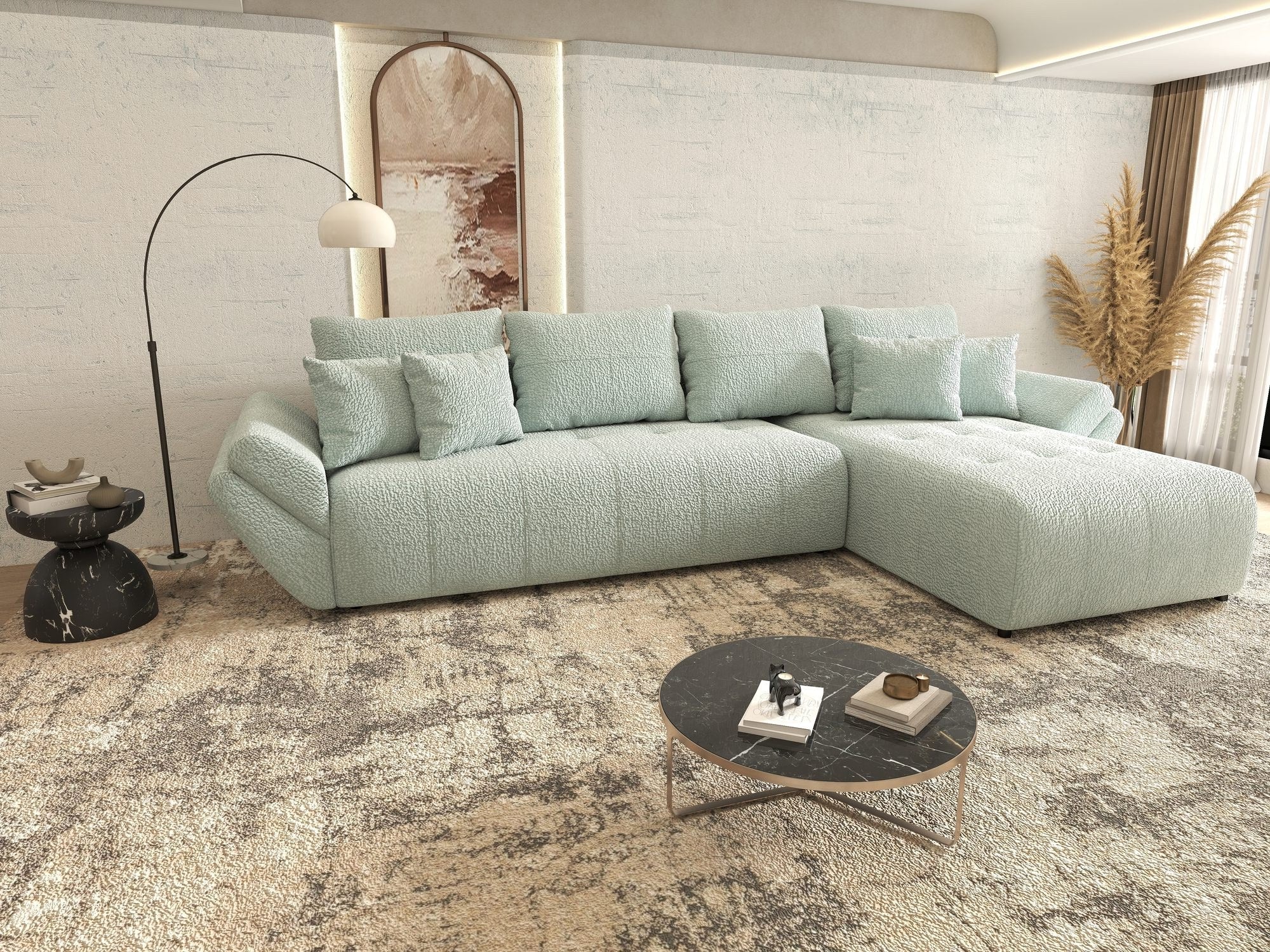Colțar extensibil dumonde cu ladă de depozitare si sezut confortabil din spuma high-density, Berlin XL Jaguar Verde Mint 16 II 350x185 cm