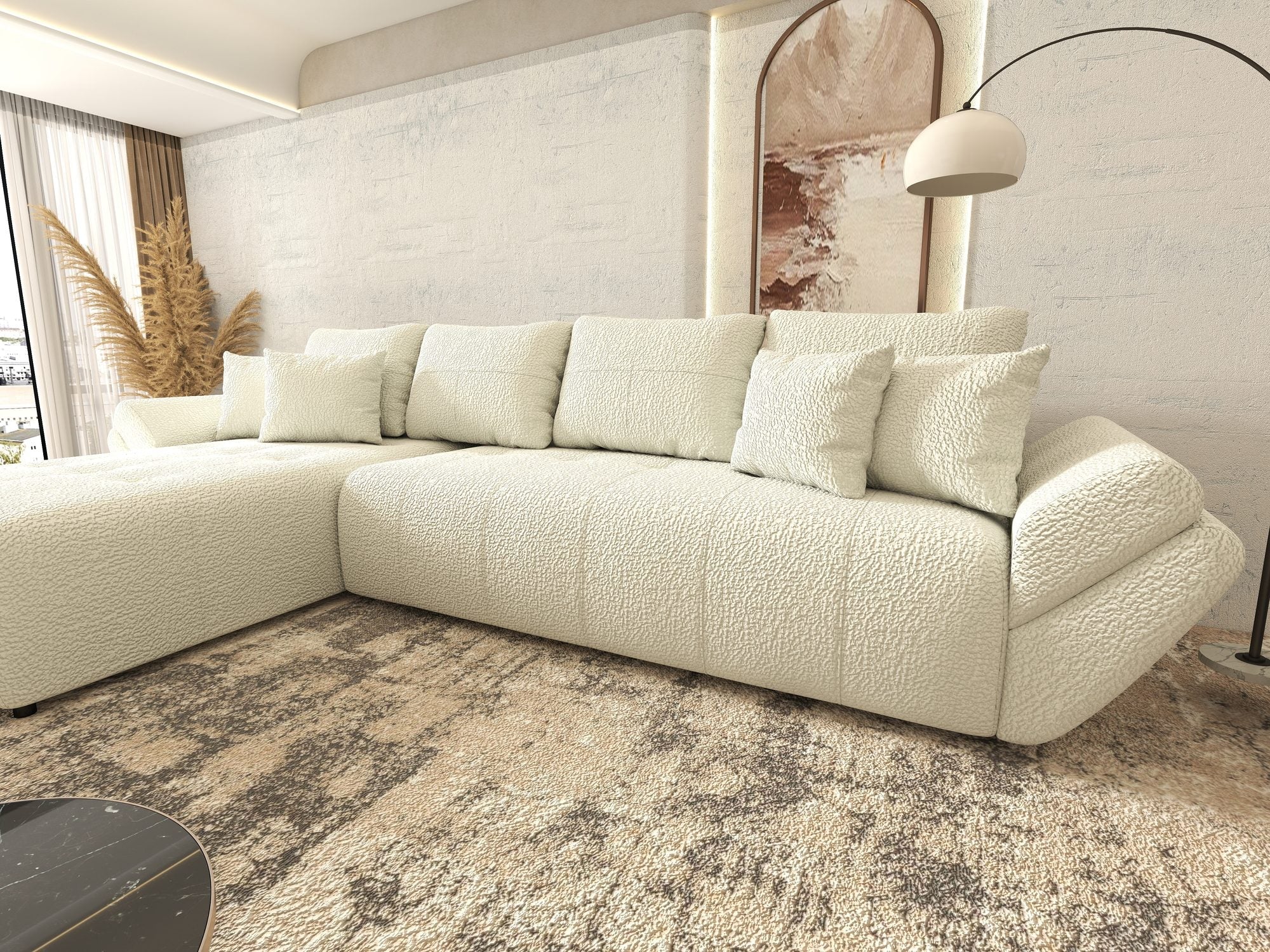 Colțar extensibil dumonde cu ladă de depozitare si sezut confortabil din spuma high-density, Berlin XL Jaguar Ivory 1 350x185 cm