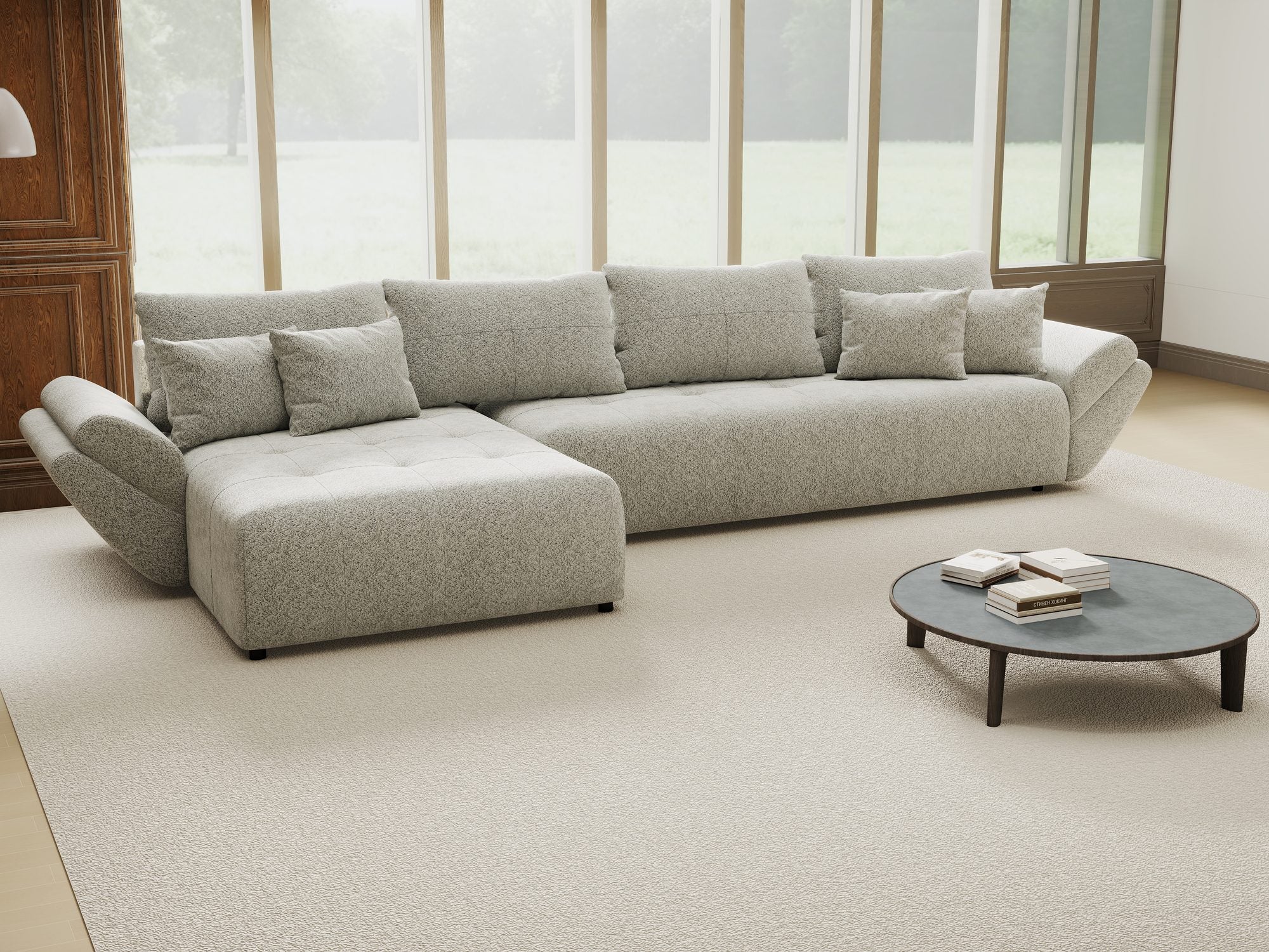 Colțar extensibil dumonde cu ladă de depozitare si sezut confortabil din spuma high-density, Berlin XL Arena Gri 15 350x185 cm
