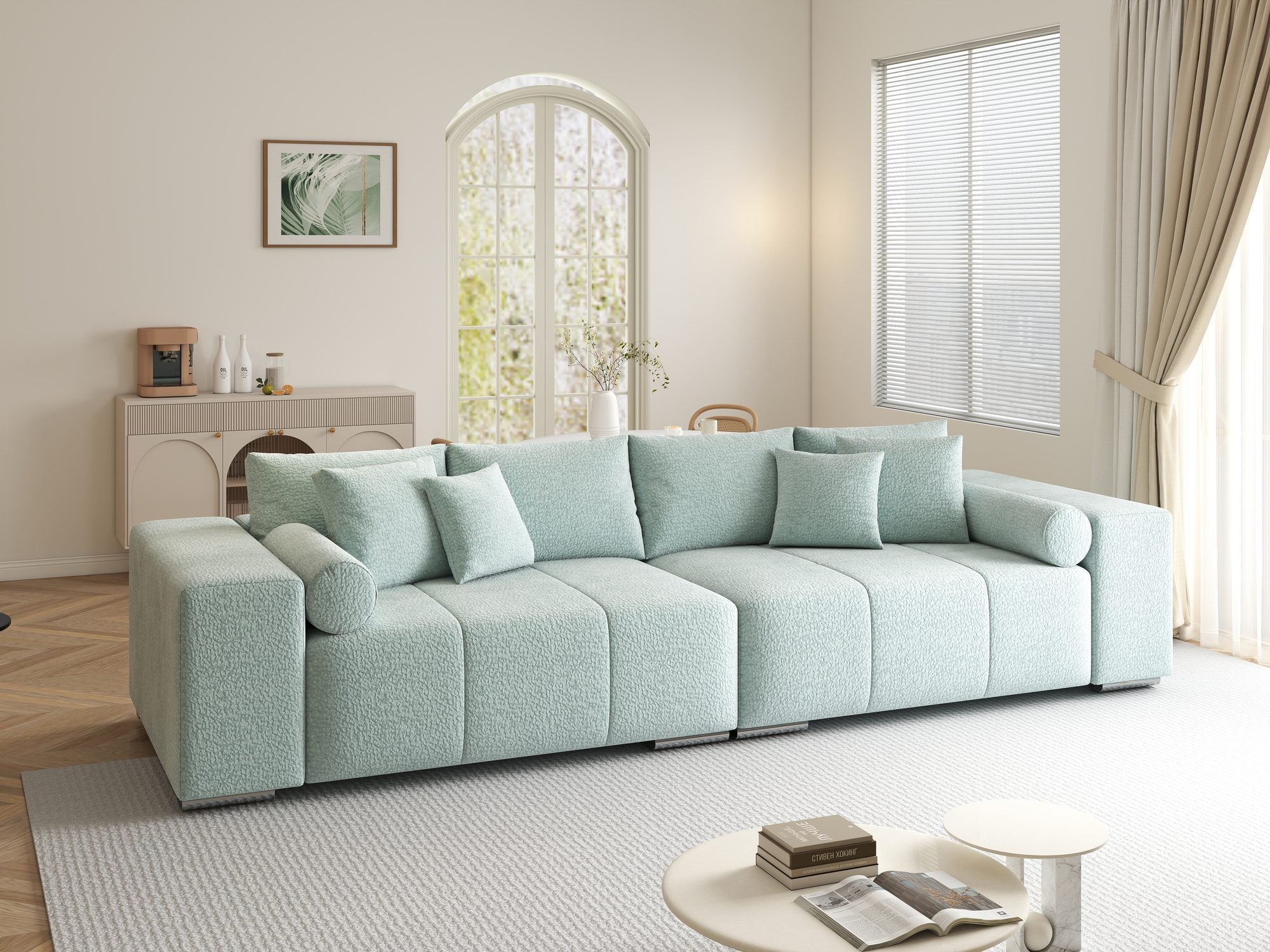 Canapea extensibilă dumonde cu ladă de depozitare si sezut confortabil din spuma high-density, Marbela XXL Jaguar Verde Mint 16 290x100 cm