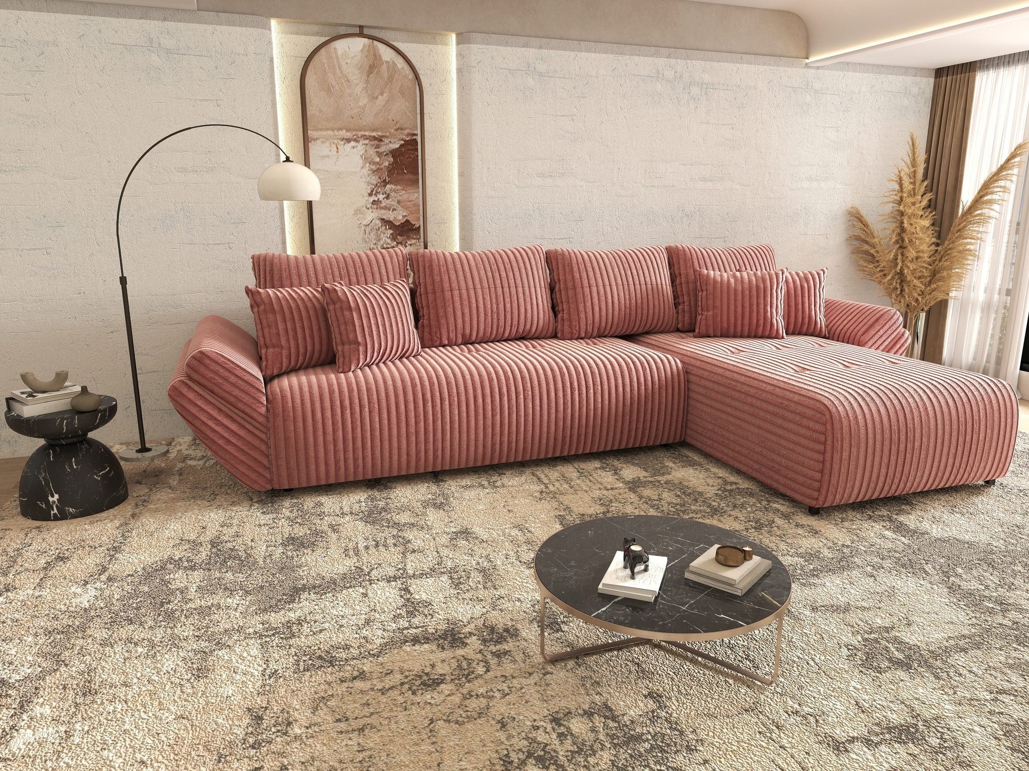 Colțar extensibil dumonde cu ladă de depozitare si sezut confortabil din spuma high-density, Berlin XL Tilia Roz Pudrat 62 II 350x185 cm