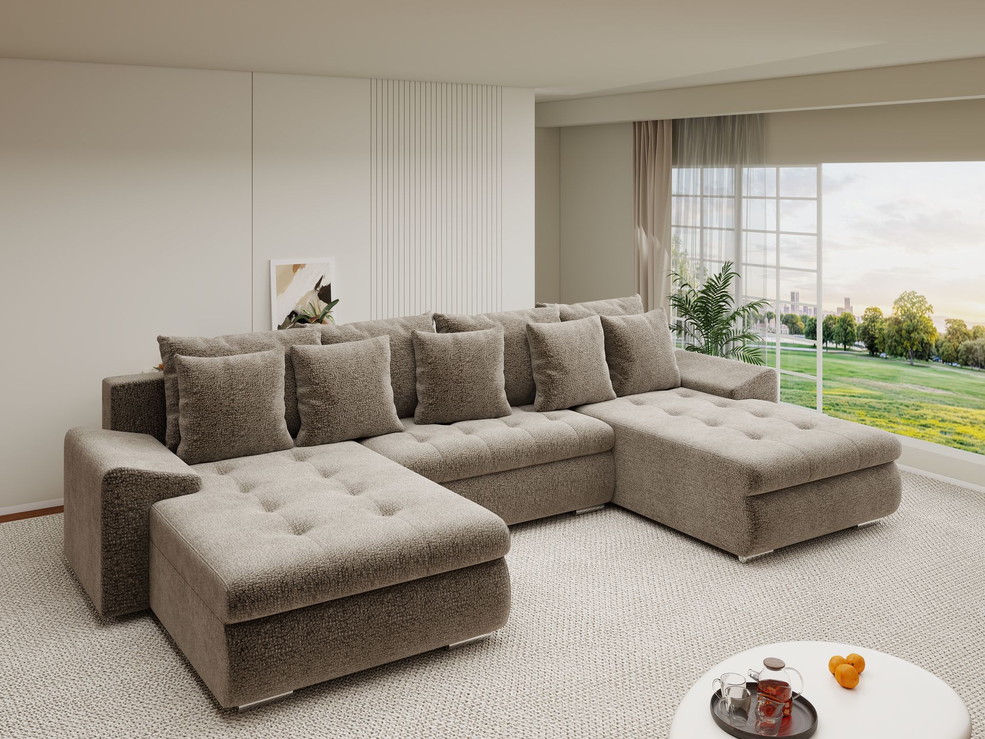 Colțar extensibil dumonde cu ladă de depozitare si sezut confortabil din spuma high-density, Leonardo U Jaguar Maro Cappuccino 08 360x185 cm