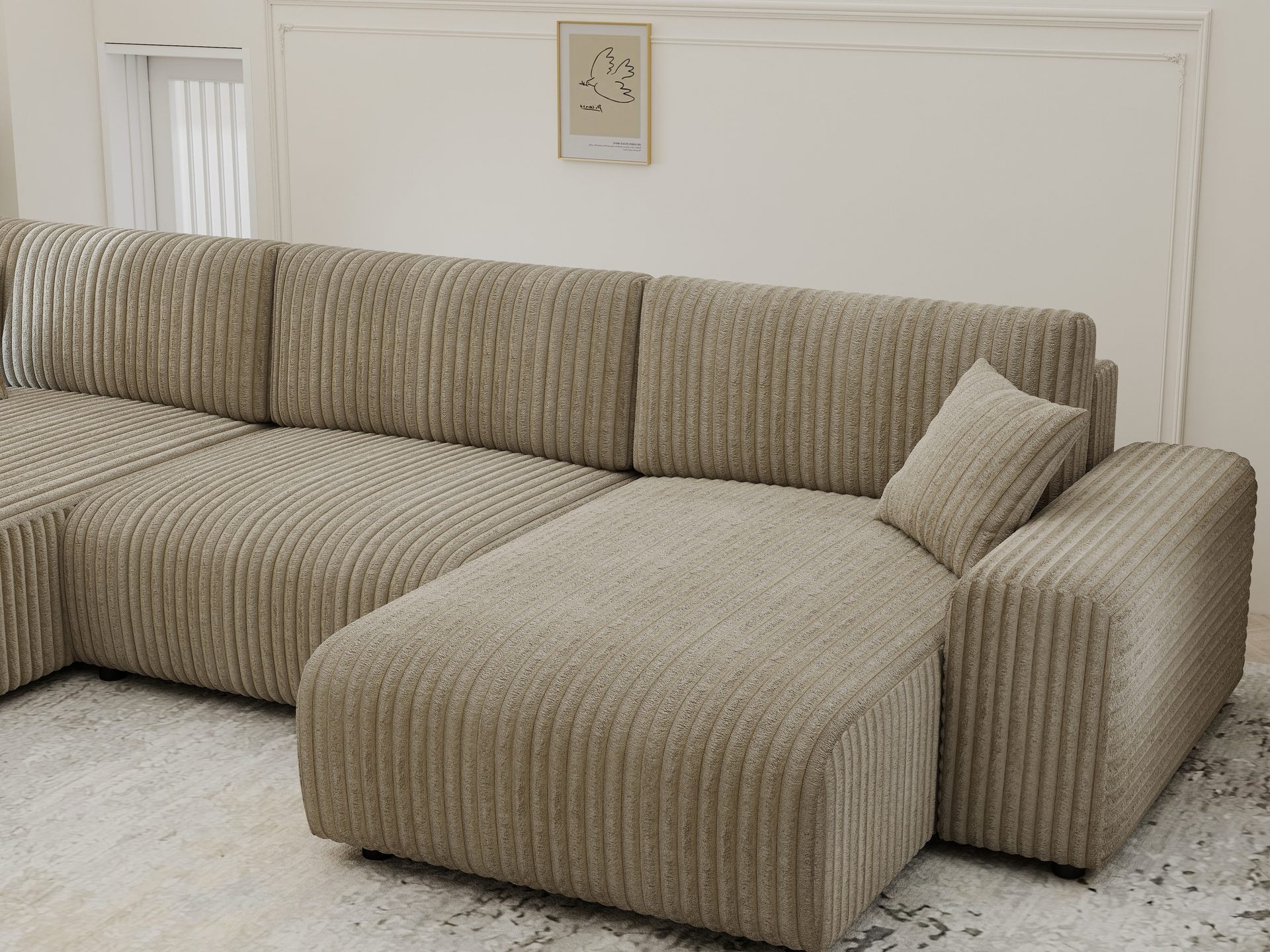Dumonde kihúzható sarokkanapé tárolórekesszel és kényelmes, nagy sűrűségű habszivacs ülőfelülettel, Justin U Tilia gri 325x144 cm