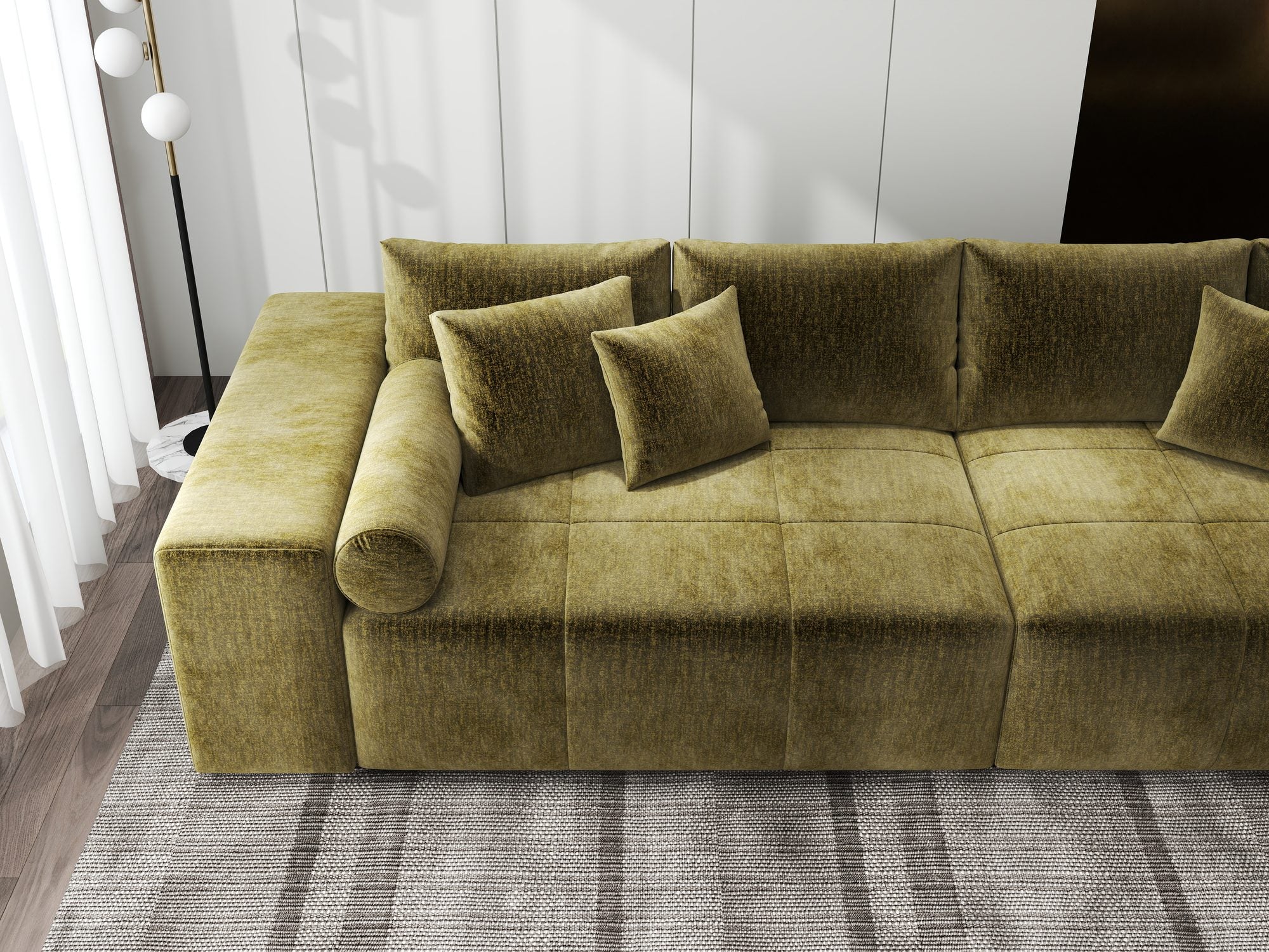 Canapea extensibilă dumonde cu ladă de depozitare si sezut confortabil din spuma high-density, Marbela XXL Monolith Verde Olive 38 290x100 cm