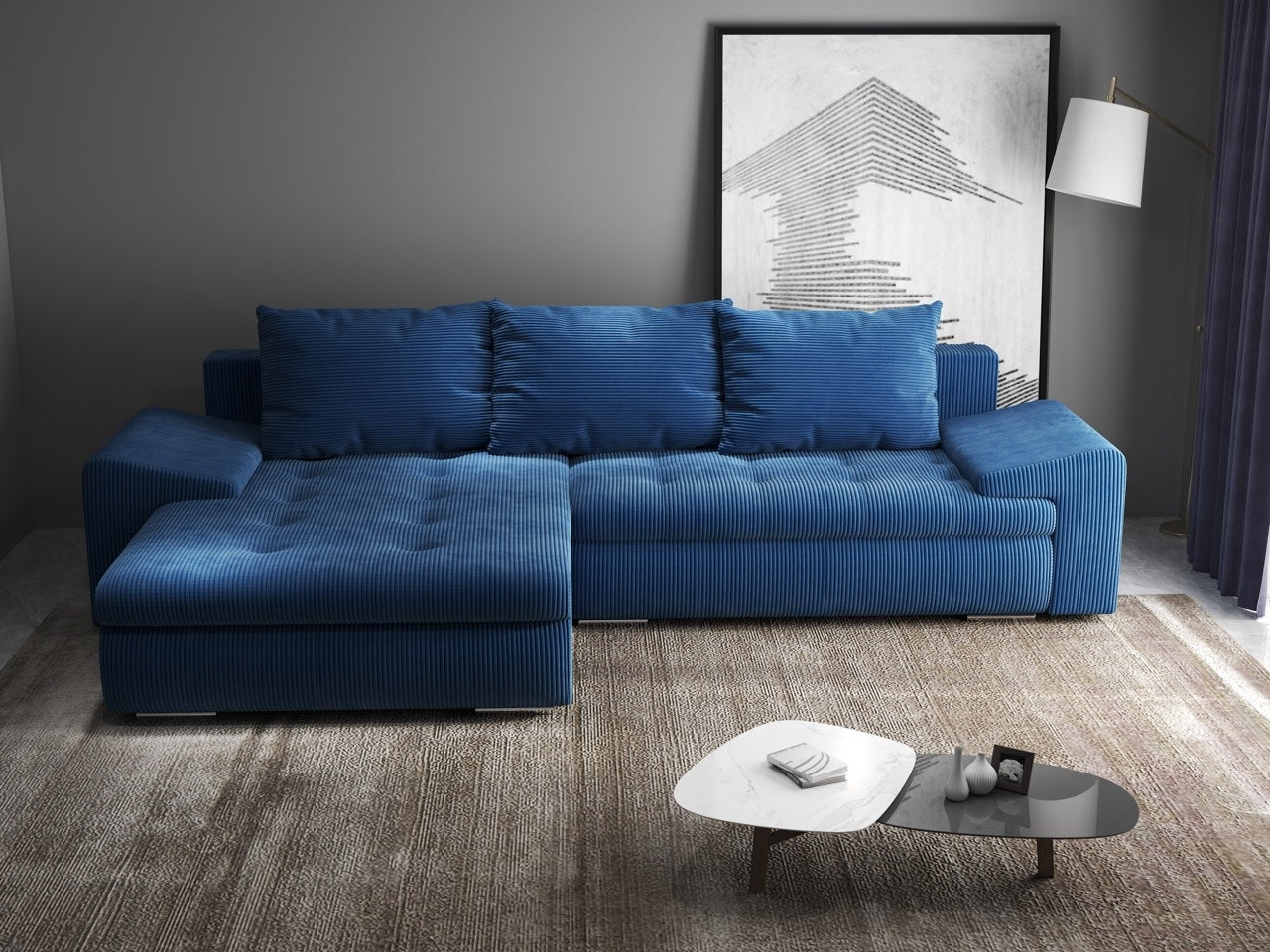 Colțar extensibil dumonde cu ladă de depozitare si sezut confortabil din spuma HR, Leonardo Zoom Albastru 260x185 cm Fabrica