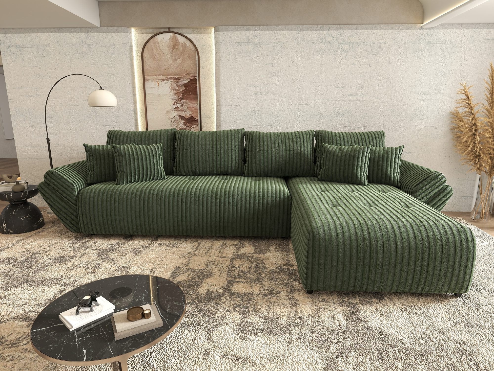 Colțar extensibil dumonde cu ladă de depozitare si sezut confortabil din spuma high-density, Berlin XL Tilia Verde 39 II 350x185 cm