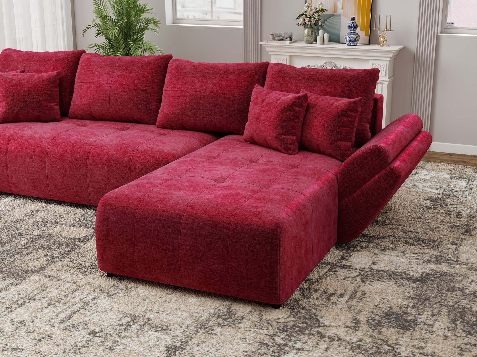 Colțar extensibil dumonde cu ladă de depozitare si sezut confortabil din spuma high-density, Berlin XL Monolith Rosu 59 II 350x185 cm