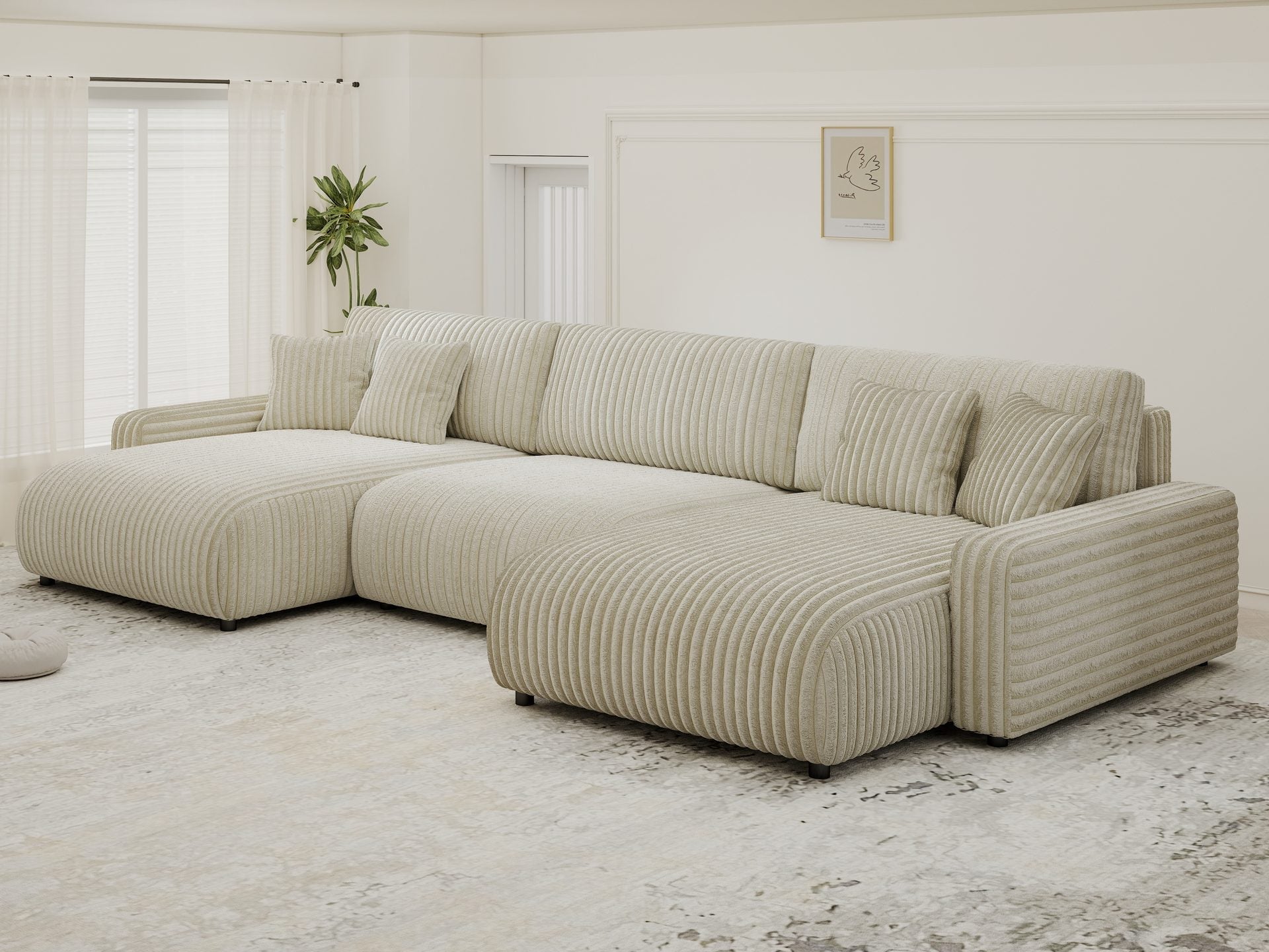 Dumonde kihúzható sarokkanapé tárolórekesszel és kényelmes, nagy sűrűségű habszivacs ülőfelülettel, Sara Tilia bej 332x170 cm