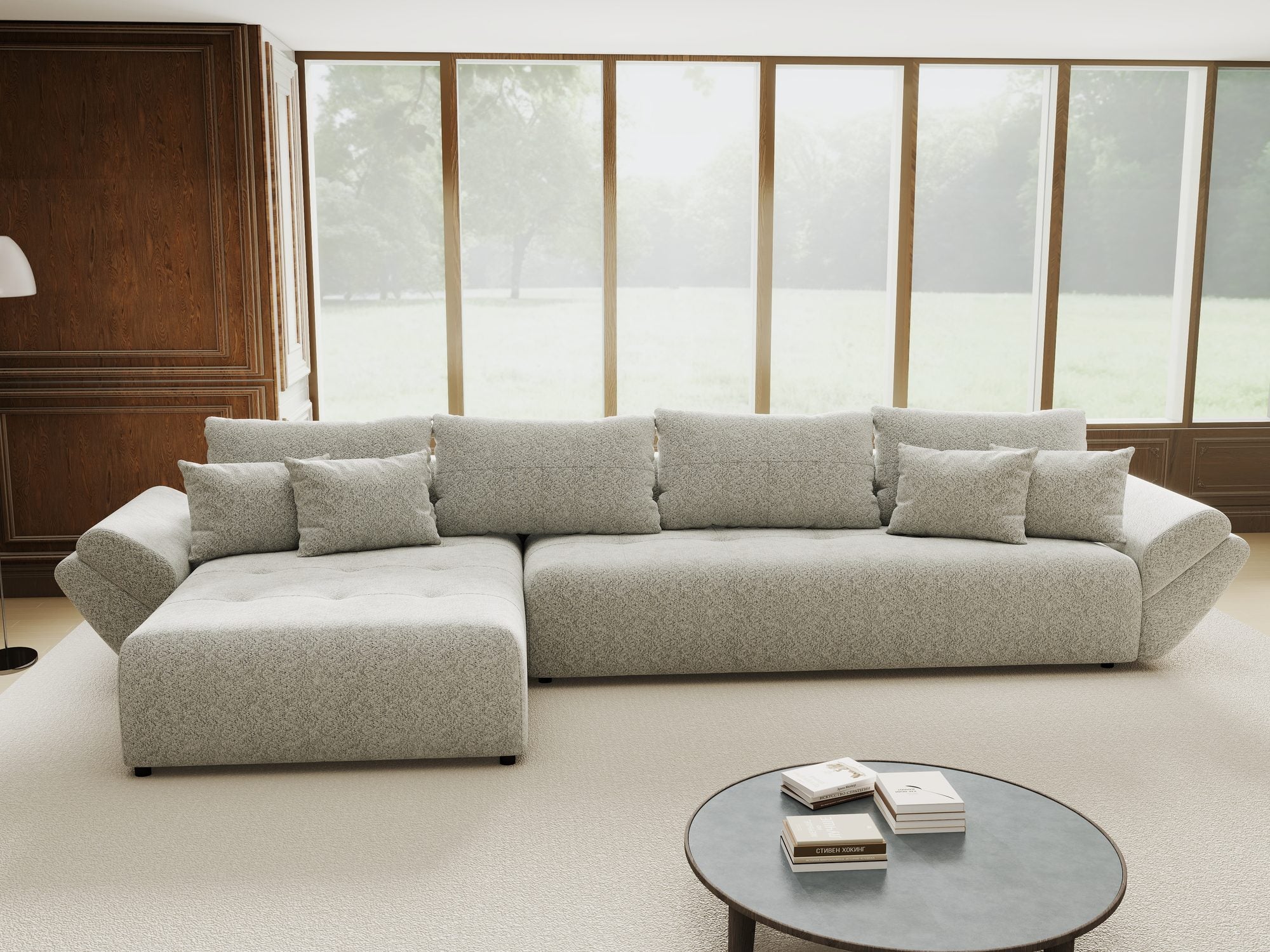 Colțar extensibil dumonde cu ladă de depozitare si sezut confortabil din spuma high-density, Berlin XL Arena Gri 15 350x185 cm