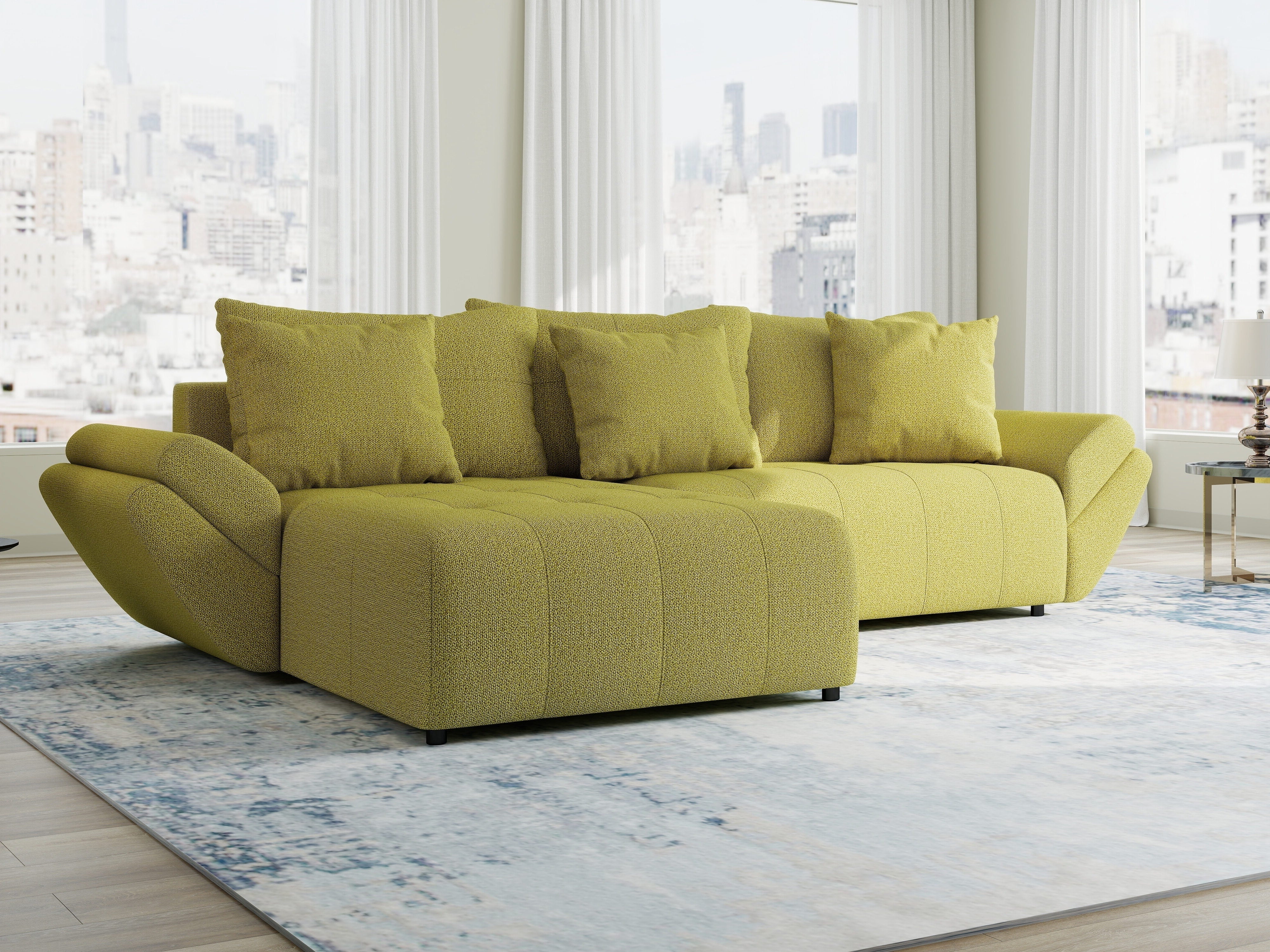 Dumonde kihúzható sarokgarnitúra tárolórekesszel és kényelmes, nagy sűrűségű habszivacsból készült ülőfelülettel, Berlin Enjoy zöld, 280x185 cm
