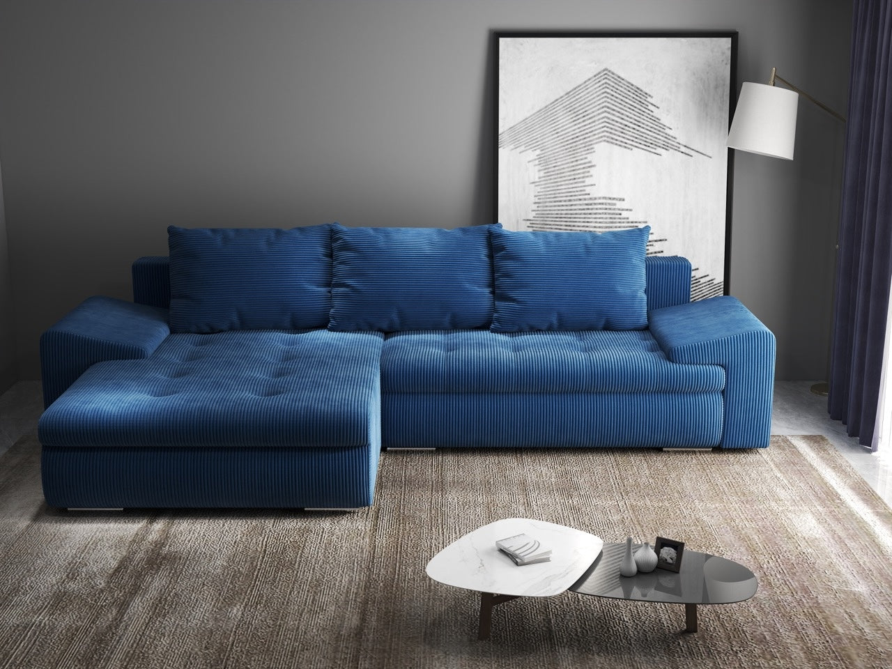 Colțar extensibil dumonde cu ladă de depozitare si sezut confortabil din spuma HR, Leonardo Zoom Albastru 260x185 cm Fabrica