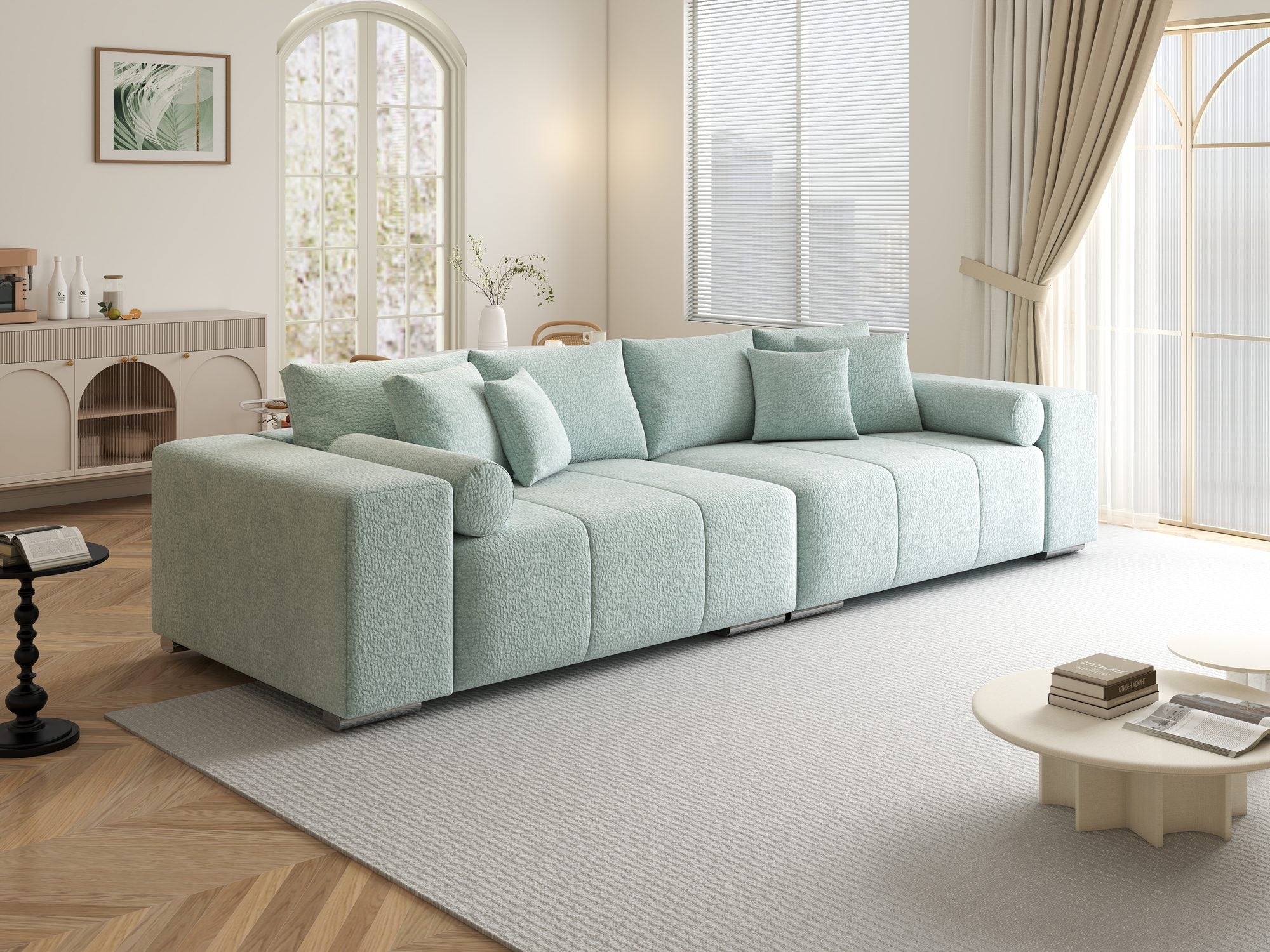 Canapea extensibilă dumonde cu ladă de depozitare si sezut confortabil din spuma high-density, Marbela XXL Jaguar Verde Mint 16 290x100 cm