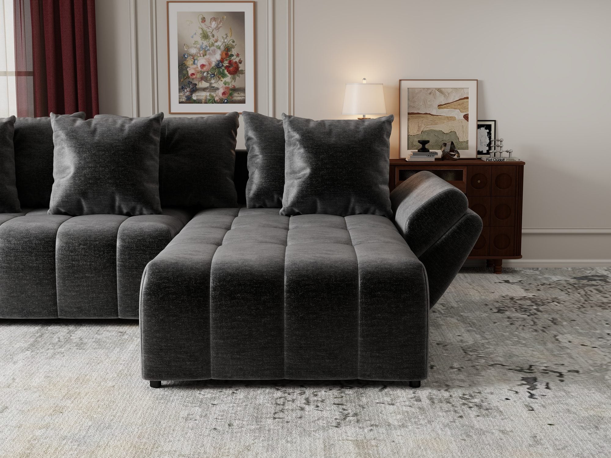 Colțar extensibil dumonde cu ladă de depozitare si sezut confortabil din spuma high-density, Berlin Monolith Gri Antracit 97 II 280x185 cm