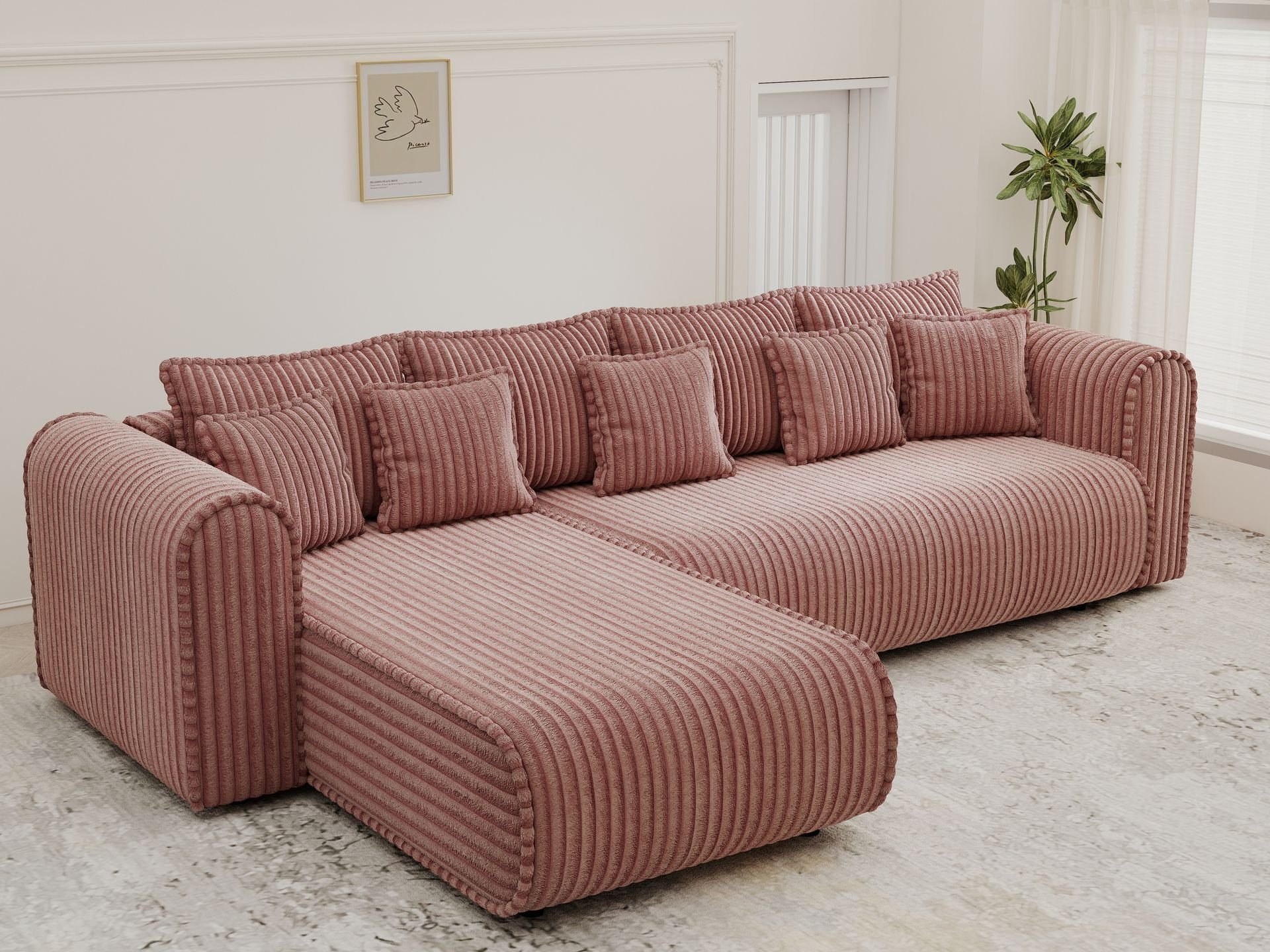 Colțar extensibil dumonde cu ladă de depozitare si sezut confortabil din spuma high-density, Monaco XL Tilia Roz 340x185 cm