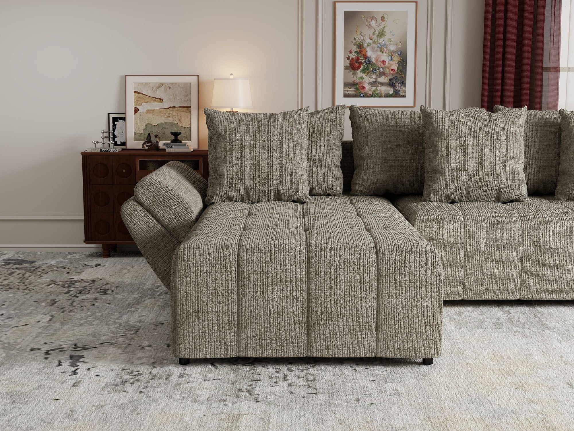 Colțar extensibil dumonde cu ladă de depozitare si sezut confortabil din spuma high-density, Berlin Cremona Bej 14 280x185 cm