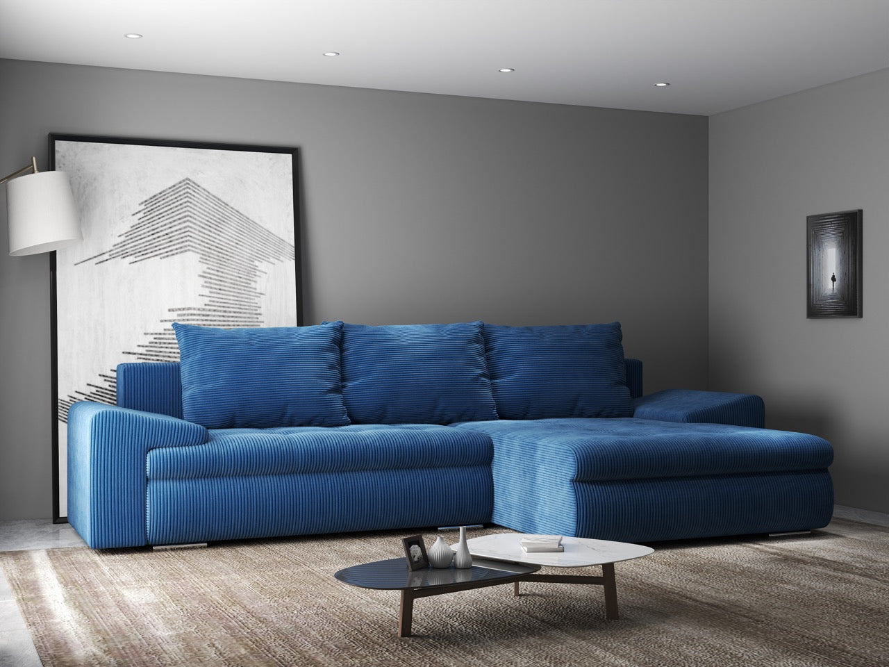 Colțar extensibil dumonde cu ladă de depozitare si sezut confortabil din spuma HR, Leonardo Zoom Albastru 260x185 cm II Fabrica