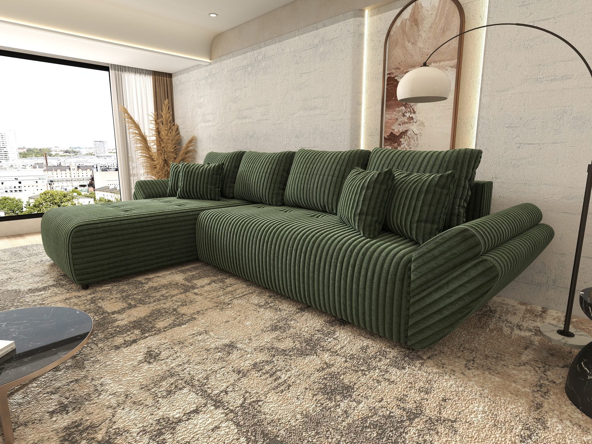 Colțar extensibil dumonde cu ladă de depozitare si sezut confortabil din spuma high-density, Berlin XL Tilia Verde 39 350x185 cm