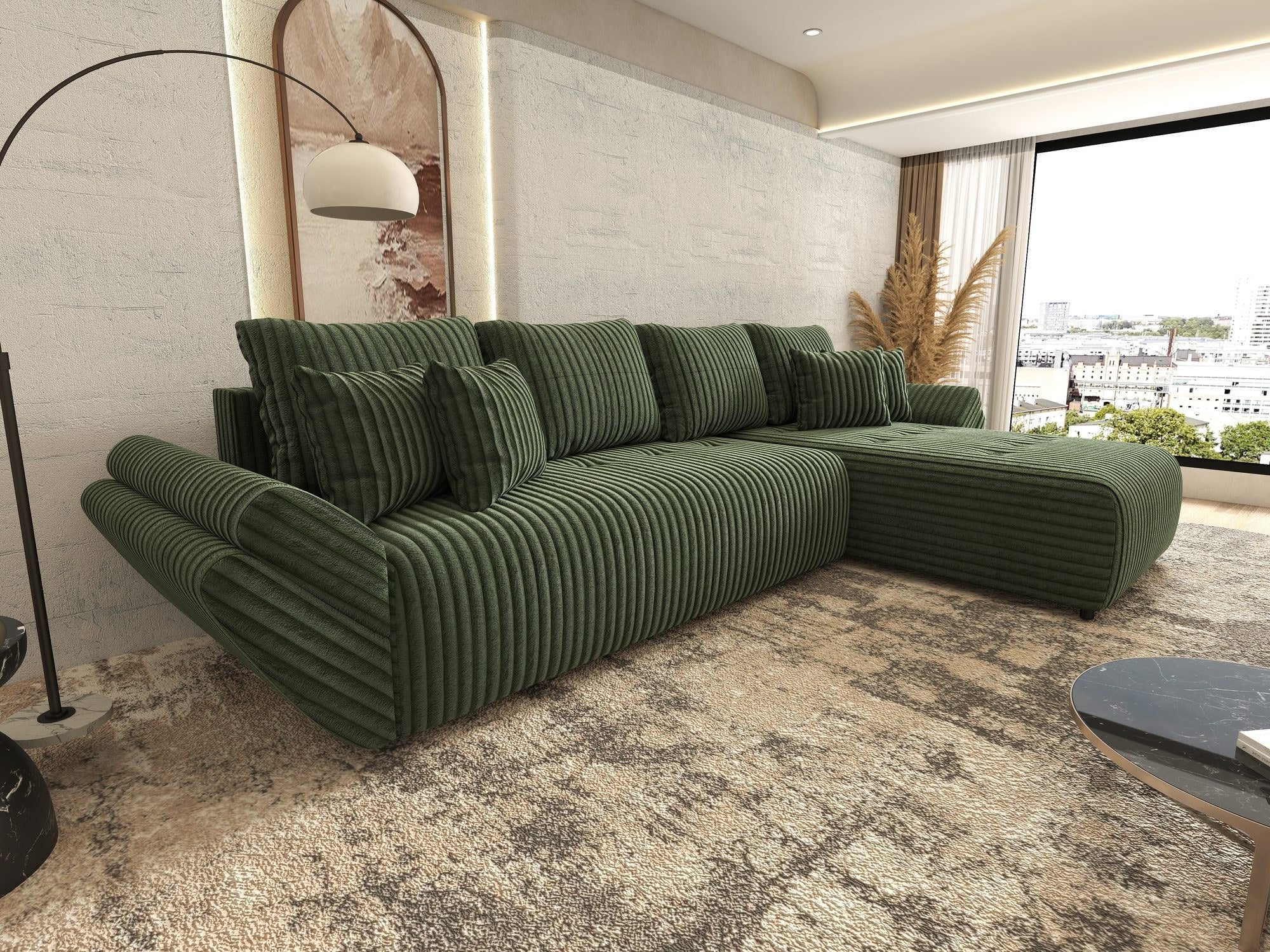 Colțar extensibil dumonde cu ladă de depozitare si sezut confortabil din spuma high-density, Berlin XL Tilia Verde 39 II 350x185 cm