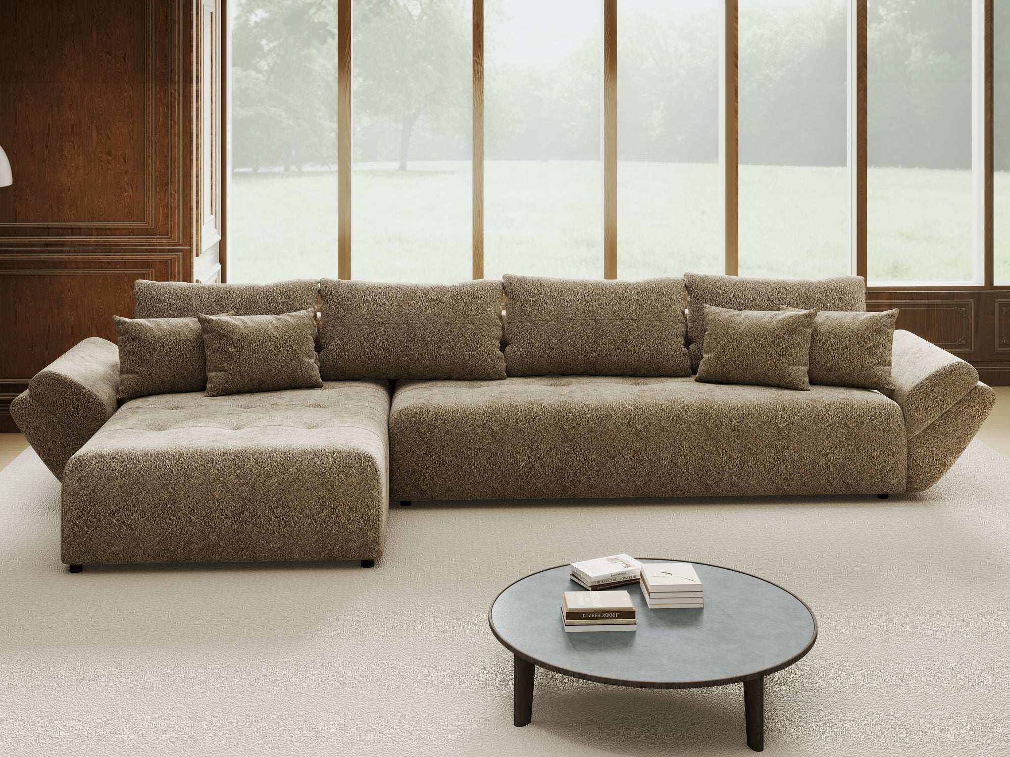 Colțar extensibil dumonde cu ladă de depozitare si sezut confortabil din spuma high-density, Berlin XL Arena Bej 4 350x185 cm