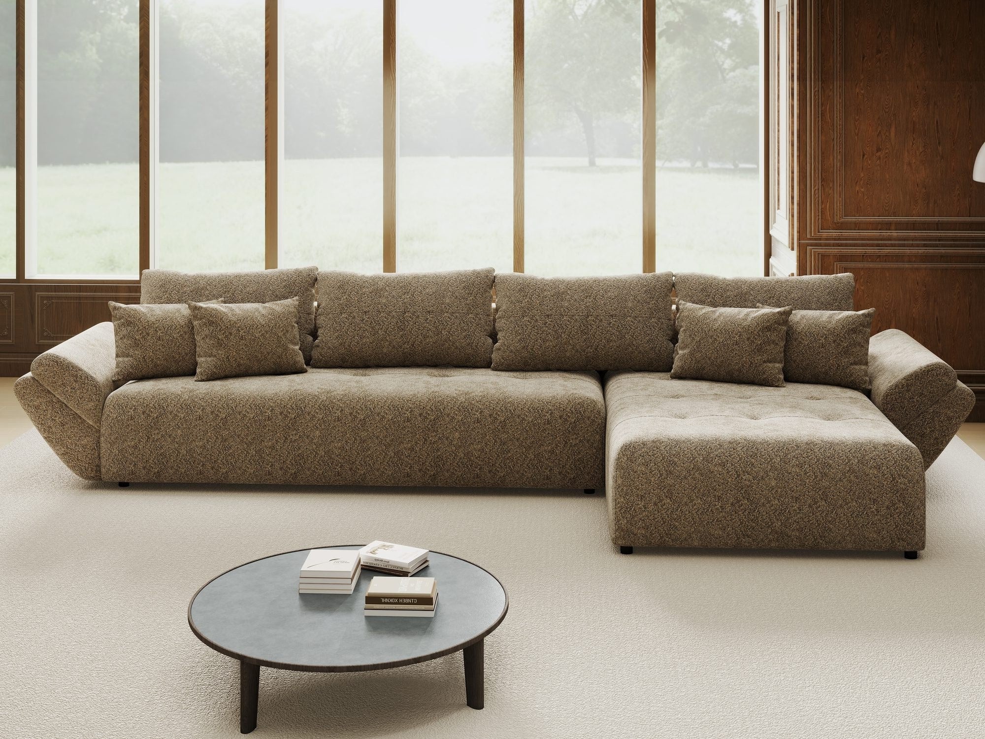 Colțar extensibil dumonde cu ladă de depozitare si sezut confortabil din spuma high-density, Berlin XL Arena Bej 4 II 350x185 cm