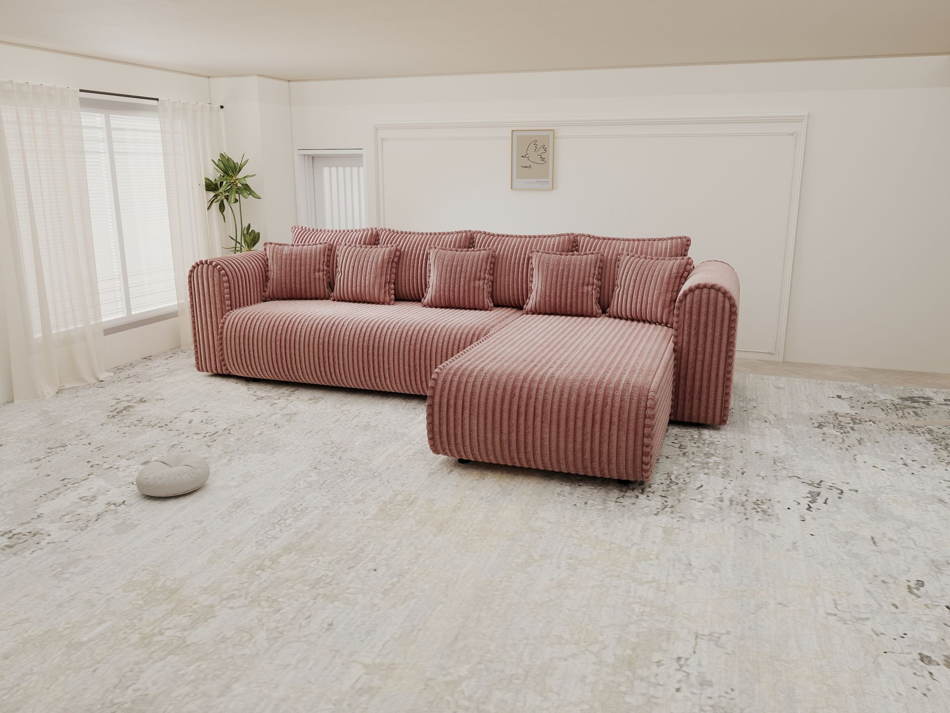 Colțar extensibil dumonde cu ladă de depozitare si sezut confortabil din spuma high-density, Monaco XL Tilia Roz II 340x185 cm