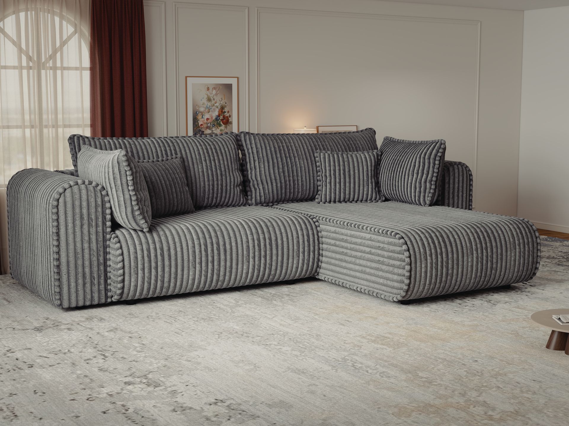 Colțar extensibil dumonde cu ladă de depozitare si sezut confortabil din spuma high-density, Monaco L Tilia Grafit II 270x100 cm