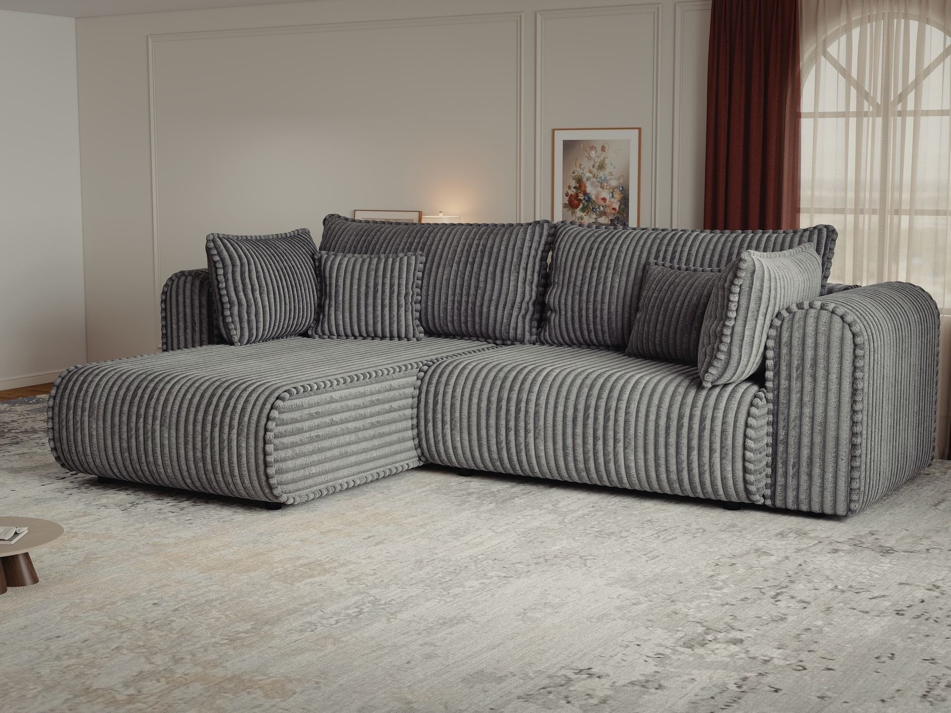 Colțar extensibil dumonde cu ladă de depozitare si sezut confortabil din spuma high-density, Monaco L Tilia Grafit 270x100 cm