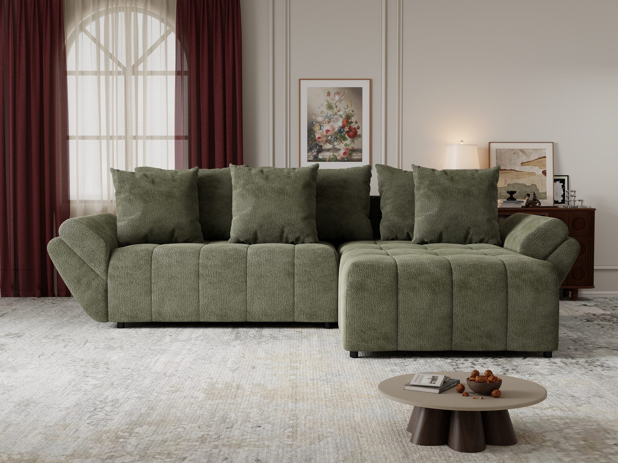 Colțar extensibil dumonde cu ladă de depozitare si sezut confortabil din spuma high-density, Berlin Vibe Olive 38 II 280x185 cm