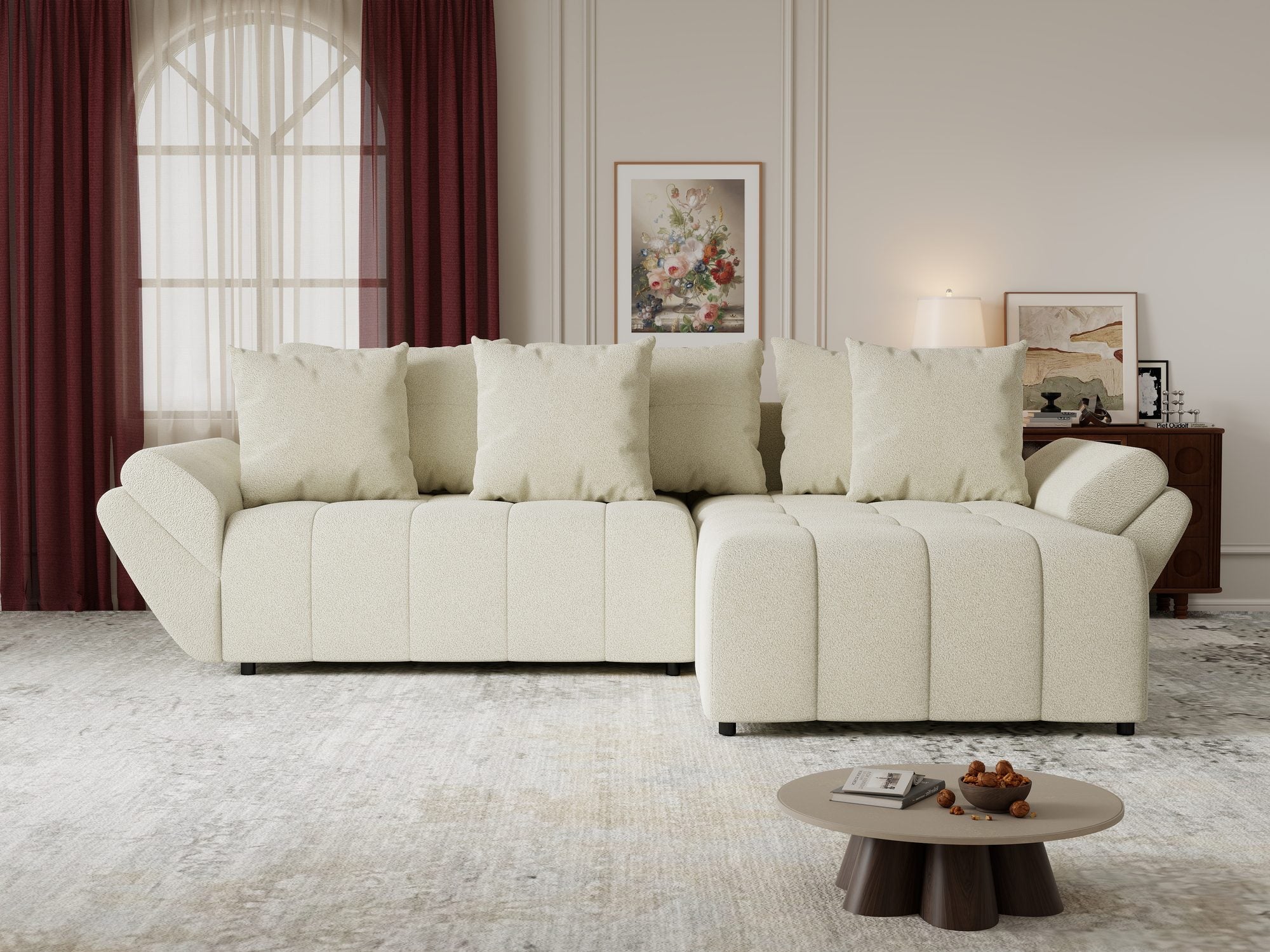 Colțar extensibil dumonde cu ladă de depozitare si sezut confortabil din spuma high-density, Berlin Quelle Bej 02 II 280x185 cm