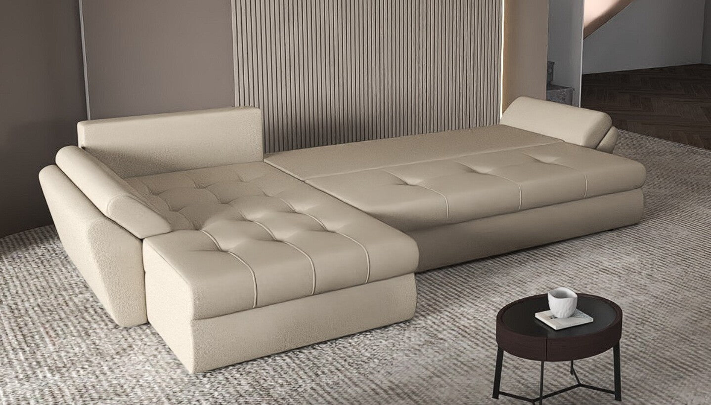 Colțar extensibil dumonde cu ladă de depozitare si sezut confortabil din spuma HR, Loana XL Enjoy Camel II 335x185 cm Fabrica