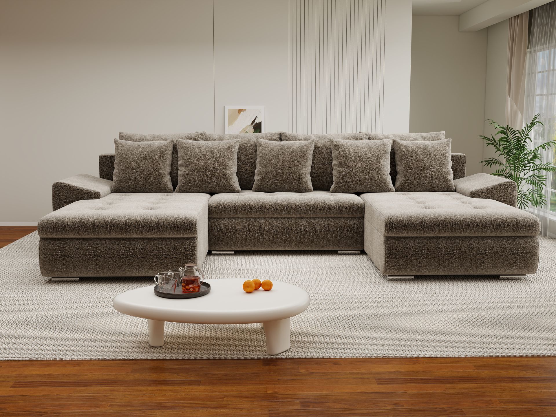 Colțar extensibil dumonde cu ladă de depozitare si sezut confortabil din spuma high-density, Leonardo U Jaguar Maro Cappuccino 08 360x185 cm