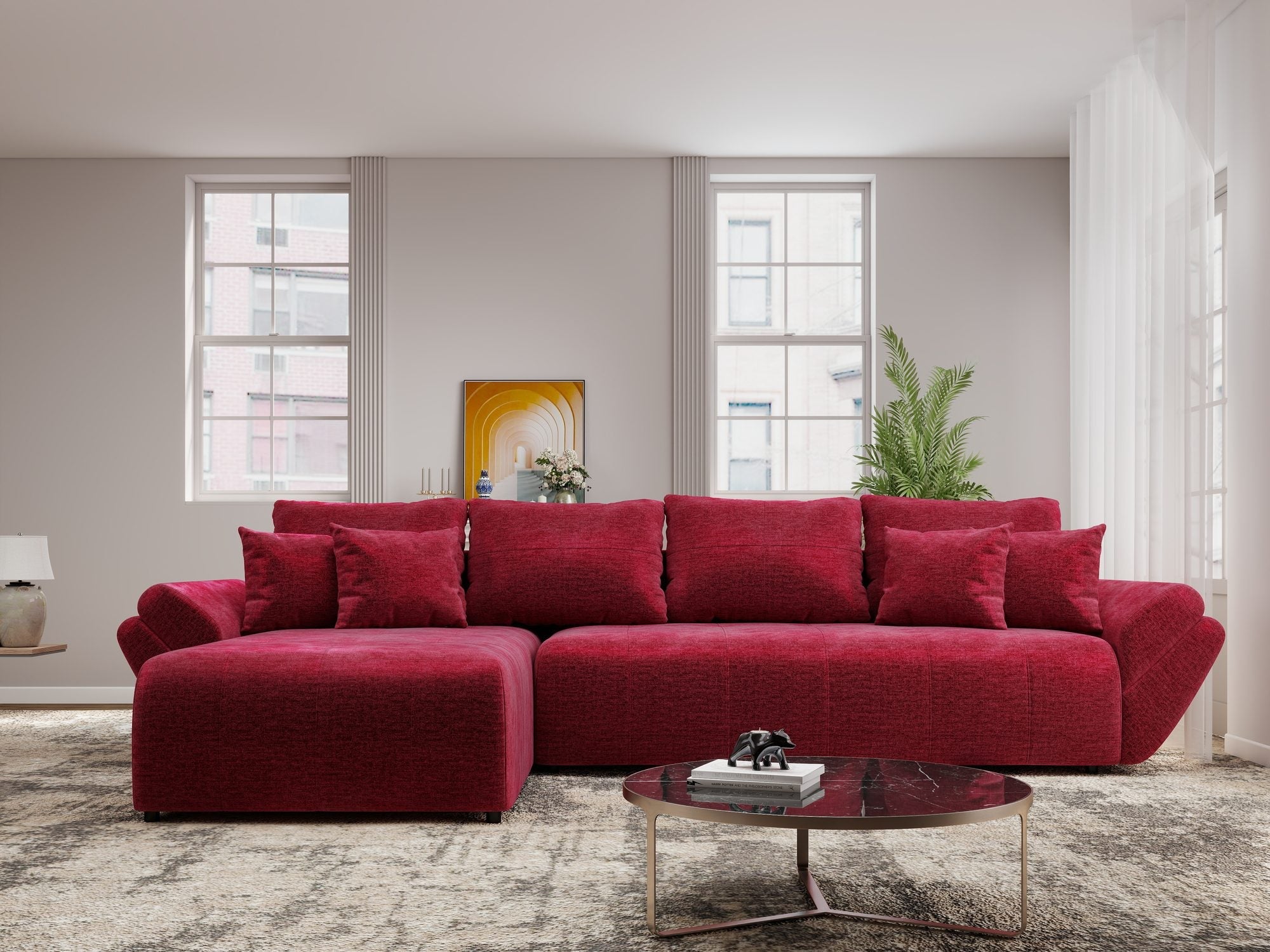 Colțar extensibil dumonde cu ladă de depozitare si sezut confortabil din spuma high-density, Berlin XL Monolith Rosu 59 350x185 cm