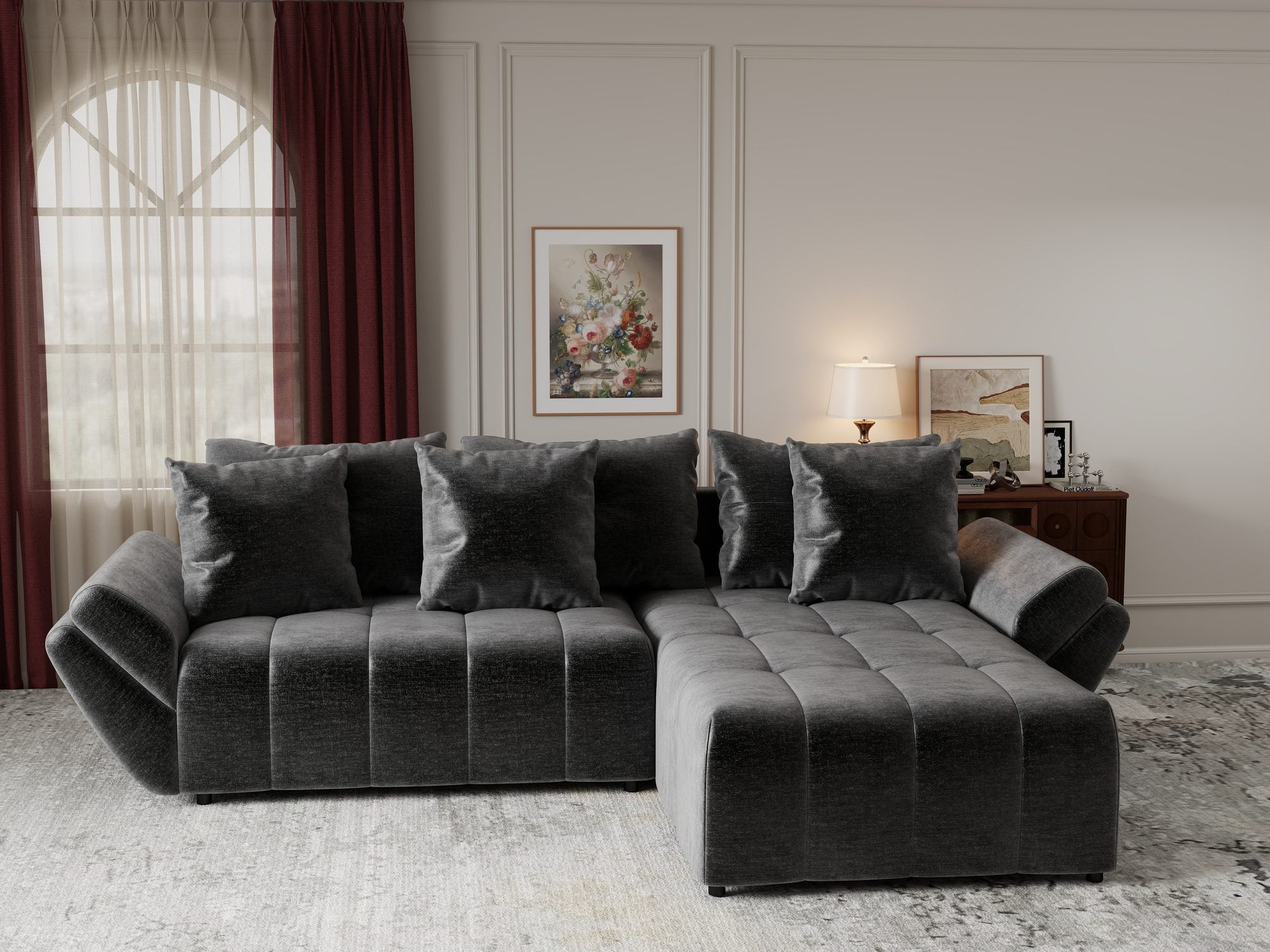 Colțar extensibil dumonde cu ladă de depozitare si sezut confortabil din spuma high-density, Berlin Monolith Gri Antracit 97 II 280x185 cm